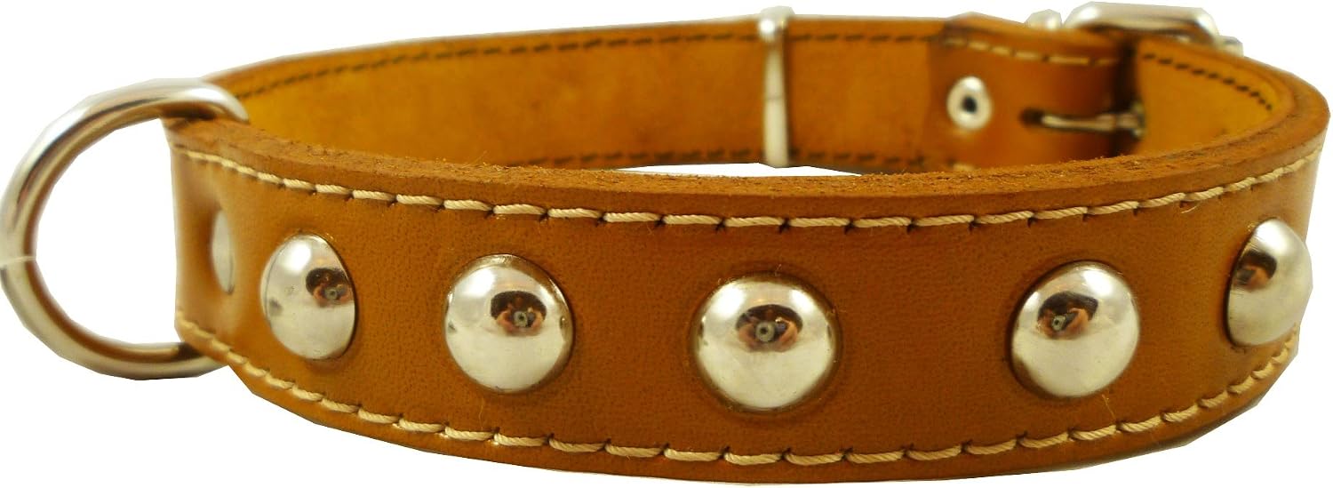 Genuine 1" Wide Thick Leather Studded Dog Collar. Fits 14"-17" Neck, Medium Breeds.