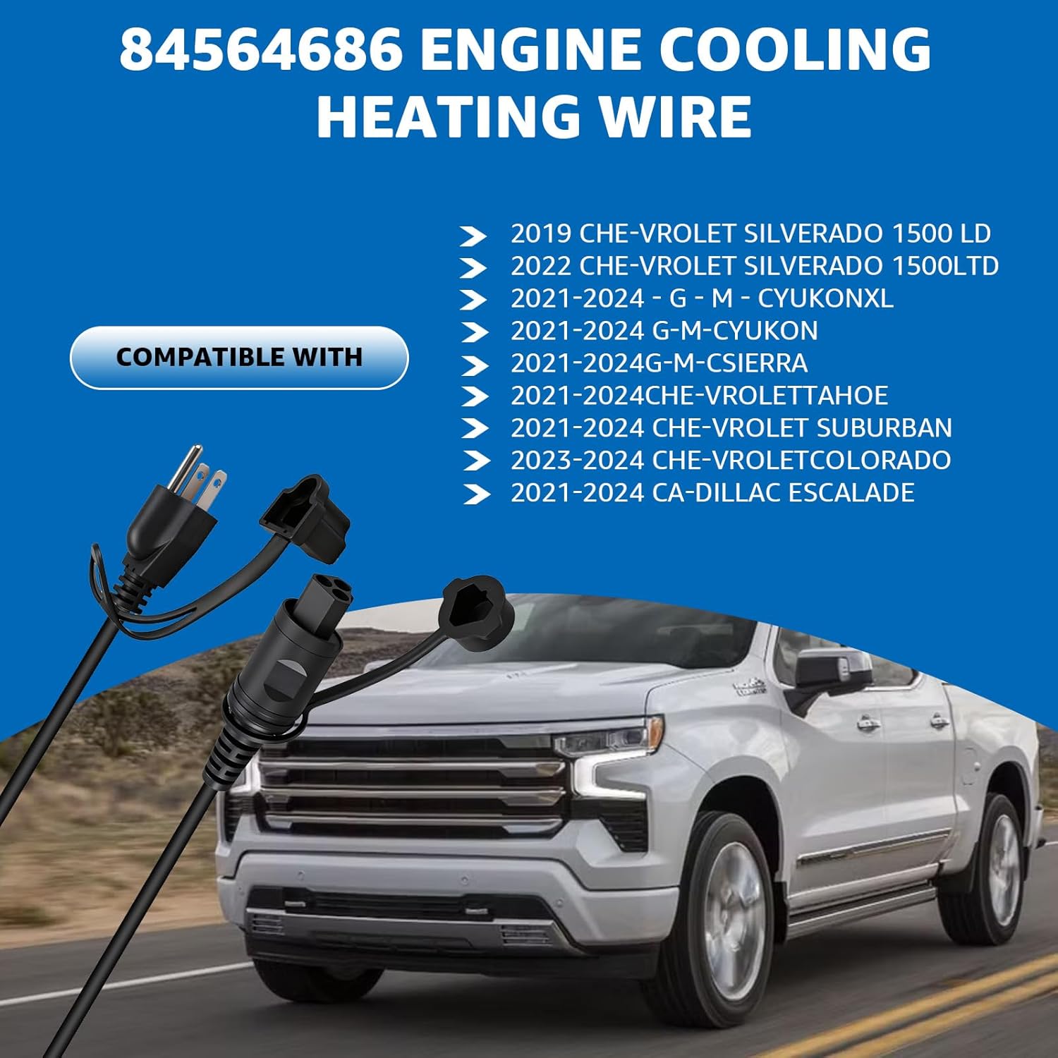 84564686 Engine Block Heater Cord, Coolant Heater Cable Compatible with Buick Cadillac 2019-2022 Chevrolet Silverado 1500/LD/LTD 2019-2023, G-M 2500/3500 HD Duramax Trucks 2020-2024