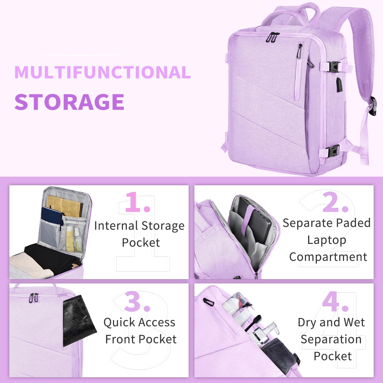 Leyrica Zaino da Viaggio per Easyjet 45x36x20, Bagaglio a Mano Borsone Cabina Zaino per Viaggiare in Aereo per Laptop Daypack Casual Zaino Università Zaino (Viola)