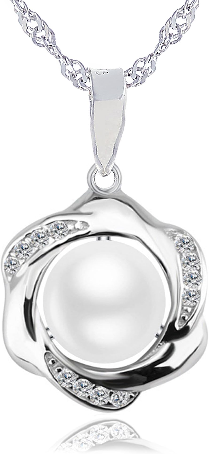 LUNAROSE 925 Sterling Silver Pearl Necklace for Women Freshwater Pearl Floral Shaped Pendant Jewellery Water Wave Chain 18"+2" Extender in Velvet Box White Allergen-Free