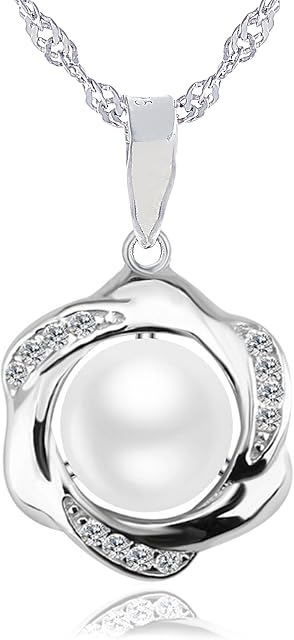 LUNAROSE 925 Sterling Silver Pearl Necklace for Women Freshwater Pearl Floral Shaped Pendant Jewellery Water Wave Chain 18"+2" Extender in Velvet Box White Allergen-Free