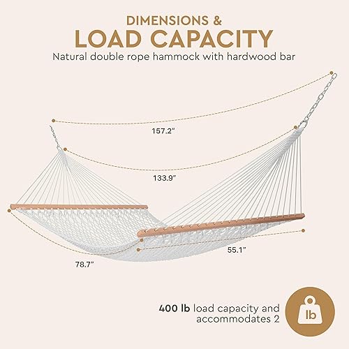 Miniatura 3 de Hamaca de doble cuerda con tejido de algodón y barras separadoras de madera dura para patio, patio trasero, campamento o jardín
