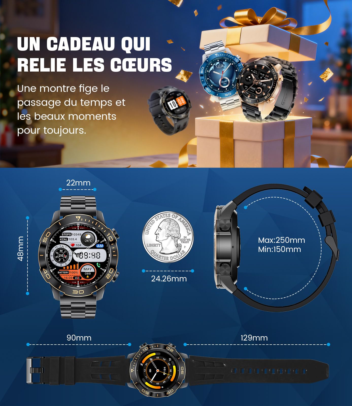 Montre Connectée Homme, Sports/D'affaires, 1,43" AMOLED Écran Smartwatch Homme avec Appel Bluetooth, IP68 Étanche, 170+ Modes Sportifs/Fréquence Cardiaque/Sommeil Compatible Android iOS, Noir