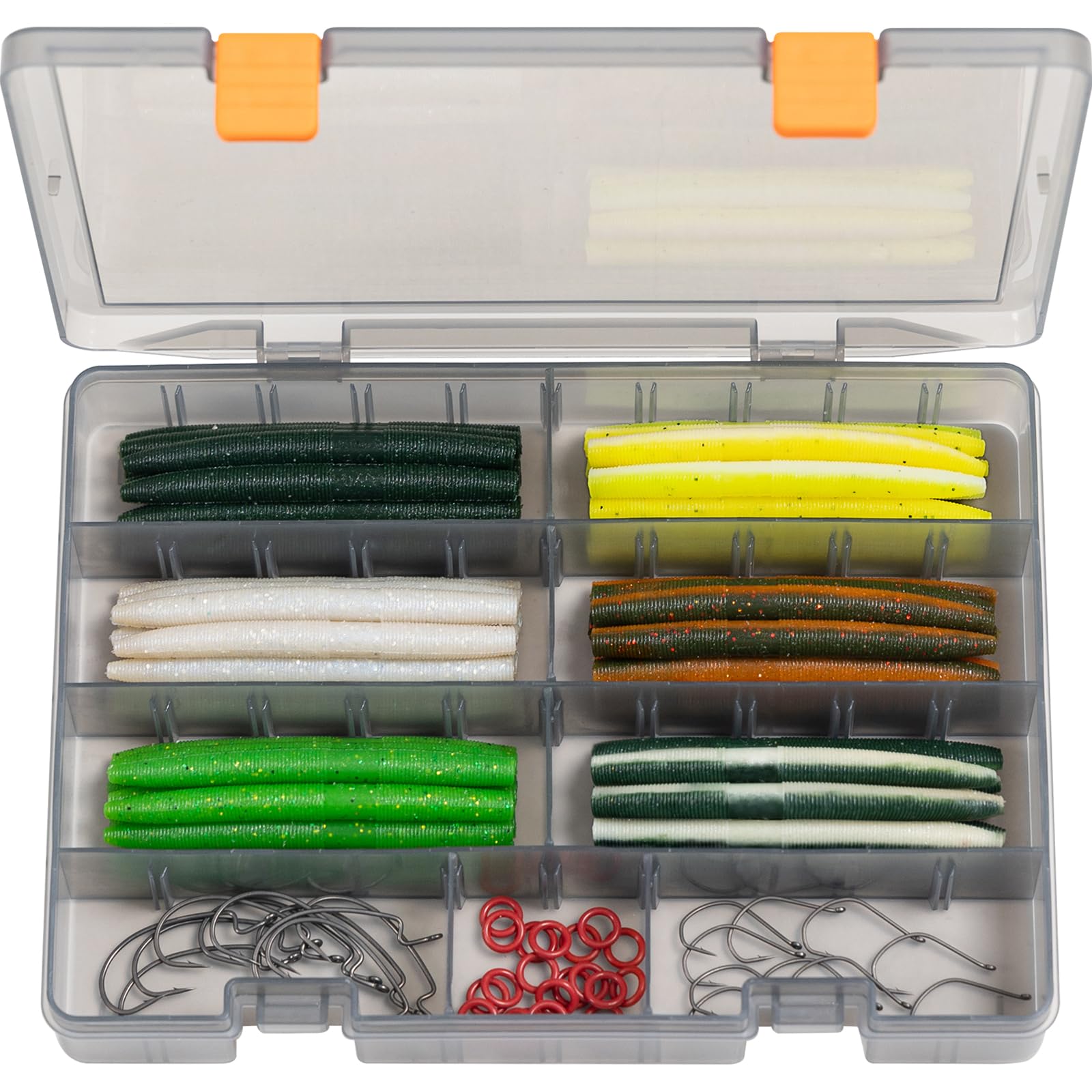Wacky Worms für Barsch-Angelset – 71-teiliges weiches Köder-Set mit 30 Kunststoffwürmern, 10 verrückten Haken, 10 EWG-Haken, 20 O-Ringen und hochwertiger 3600 Angelbox