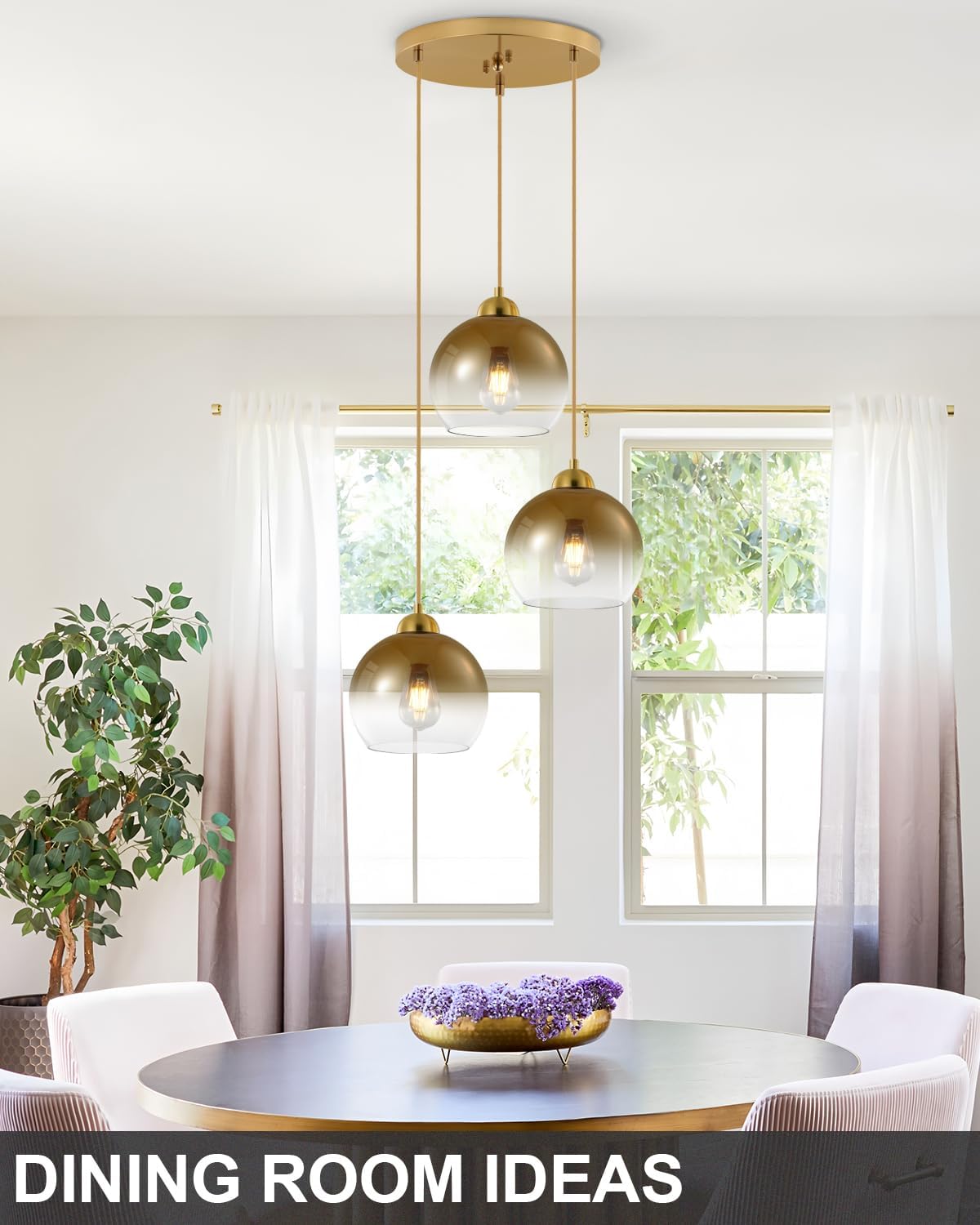 Modern Gradient Gold Glass Pendant Light,3-Light Globe Adjustable Hanging Pendant Light for Bedroom Kitchen Island Dining Room Stairwell