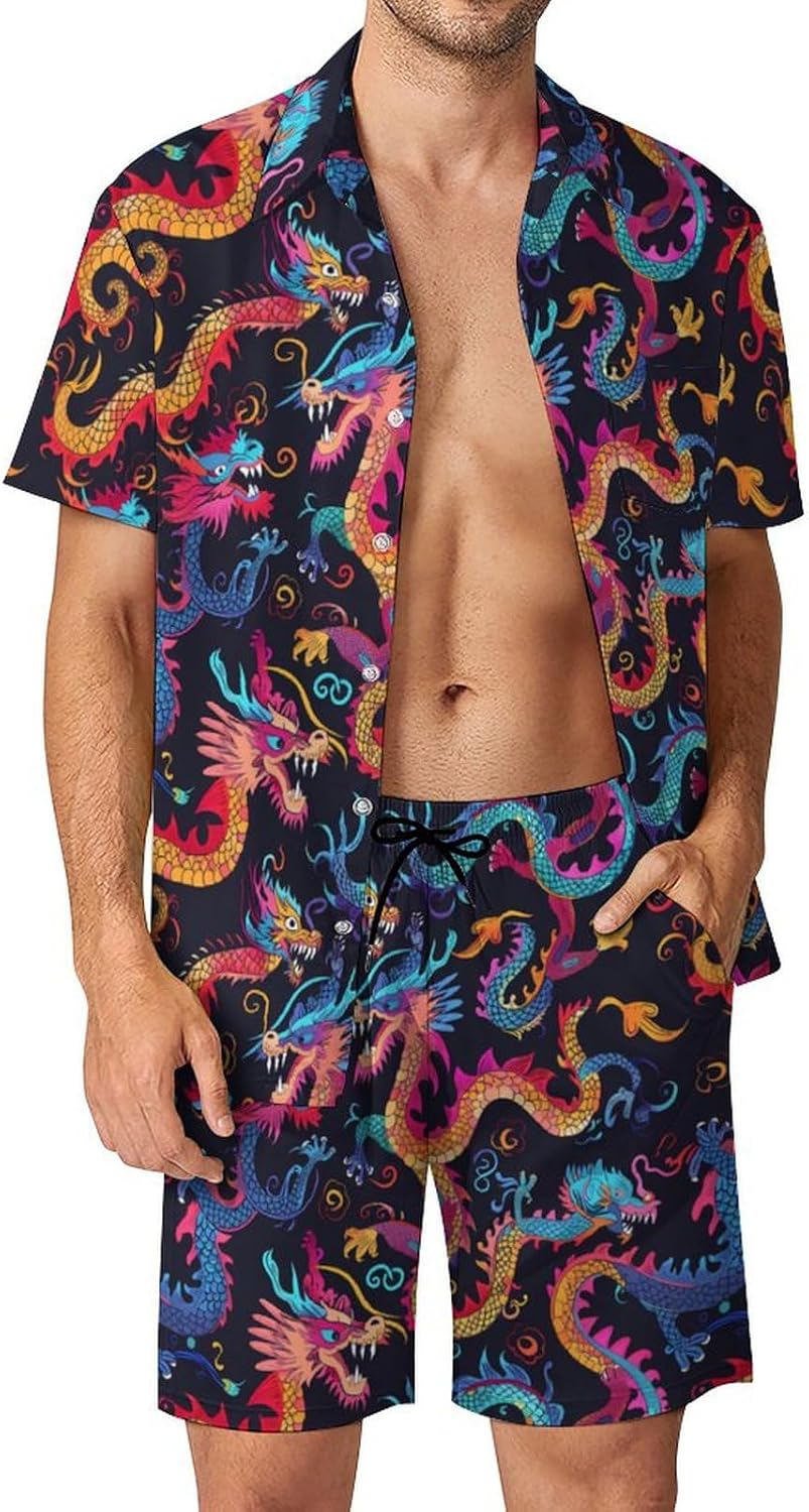 Colorful Dragons Men's Summer Beach Outfits Shirt And Shorts Set 2 Piece Vacation Swimwear