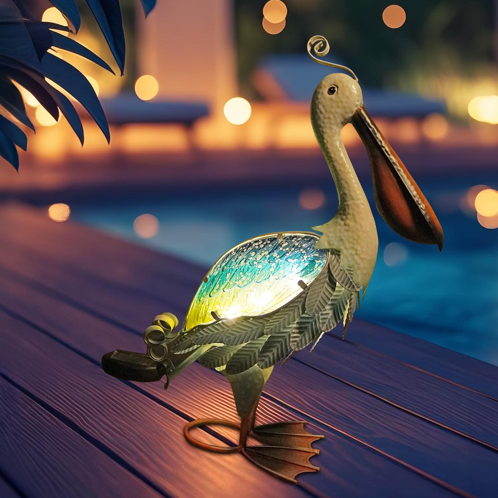 HONGLAND Solar Metal Pelican Statues Garden Sculpture & Statues, 19 Inch Glass Outdoor Pelican Yard Art Coastal Ocean Bird Decor Lawn Ornament for Backyard Porch Patio Decor（Blue-Green） — image 1