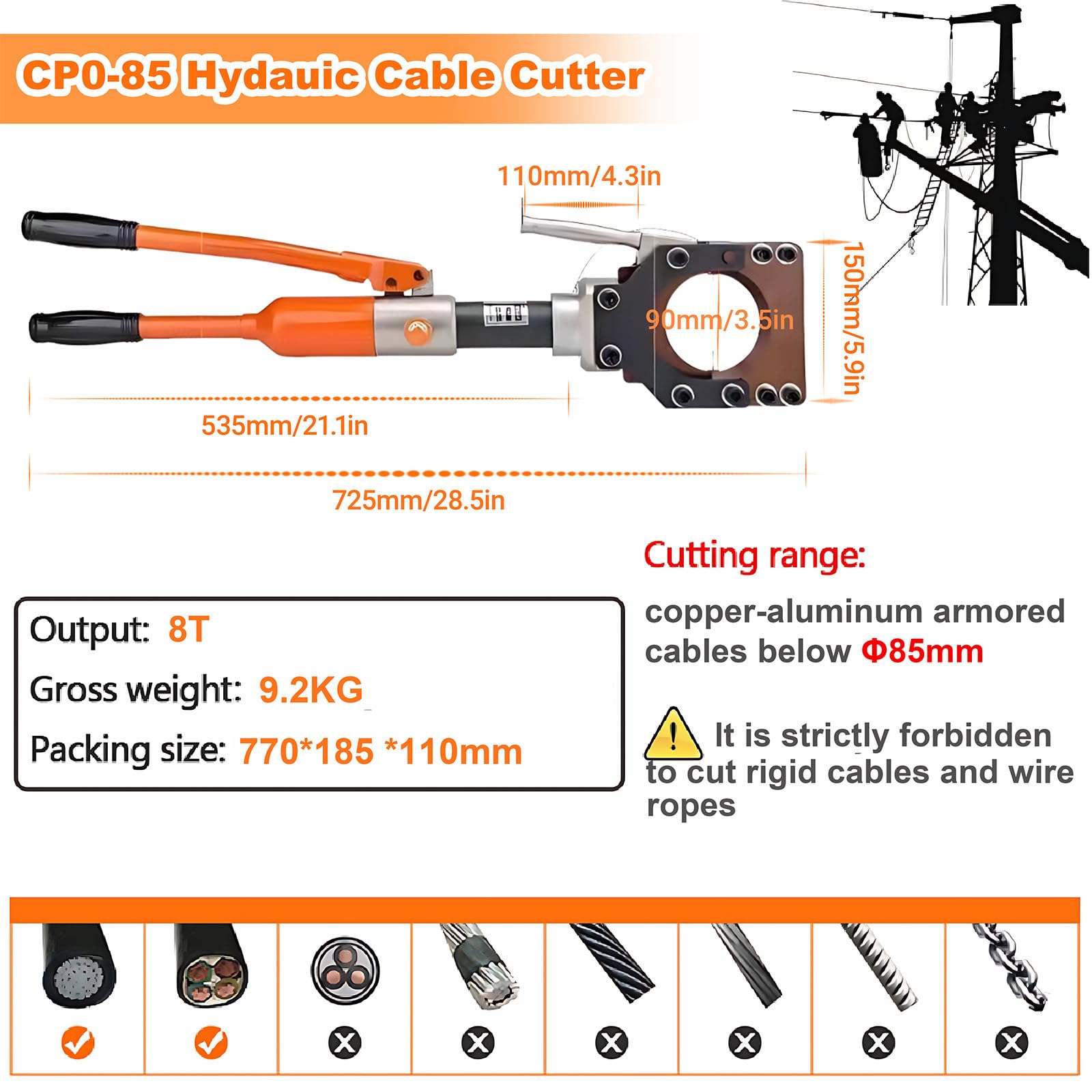 Cortador de cables hidráulico para aplicaciones de alta resistencia, corta eficientemente cables de aluminio y blindados con precisión