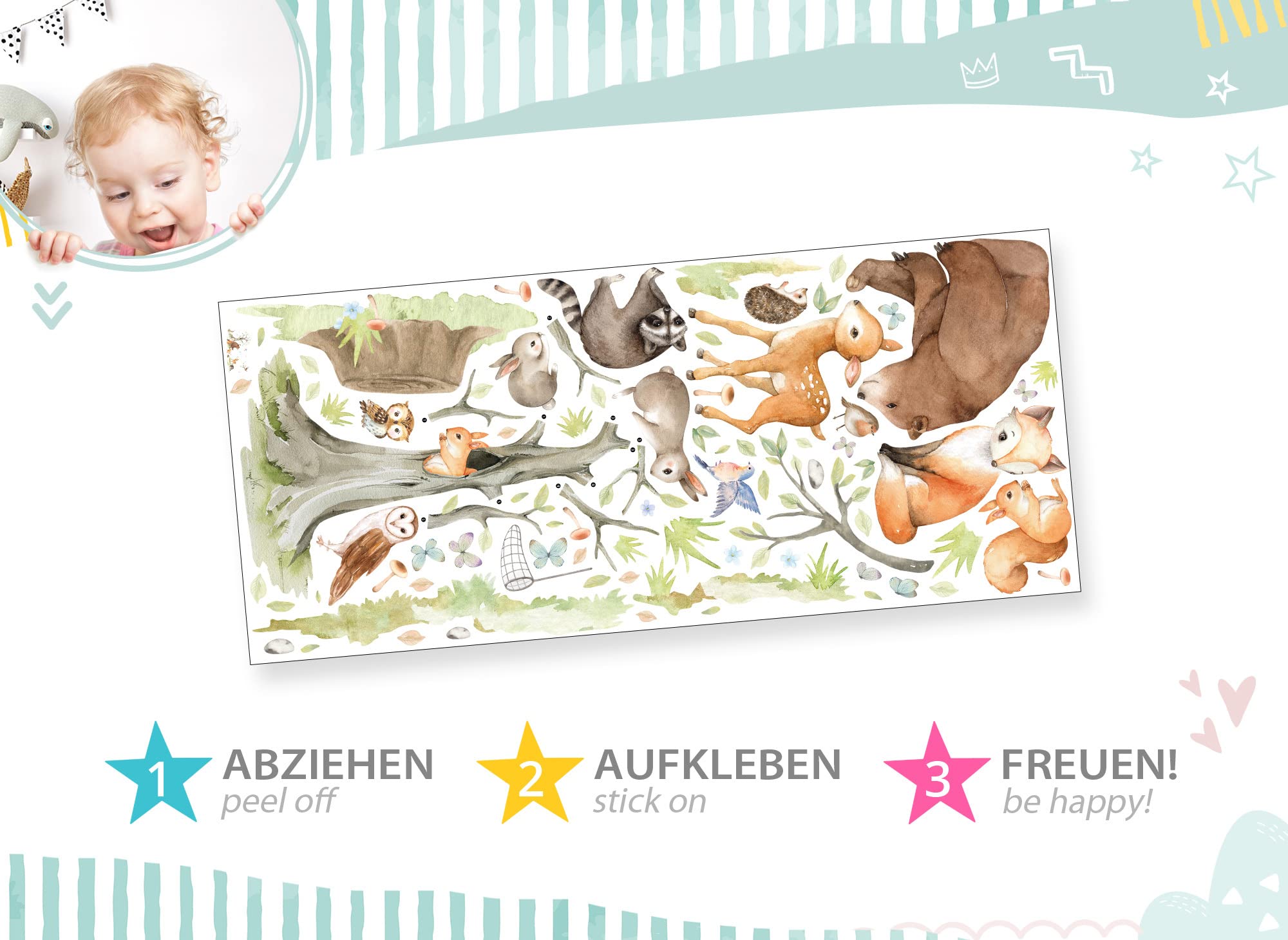 Wandsticker XXL Waldtiere mit Baum Wandtattoo für Babyzimmer Wandaufkleber Kinderzimmer Wanddeko DK1109-5