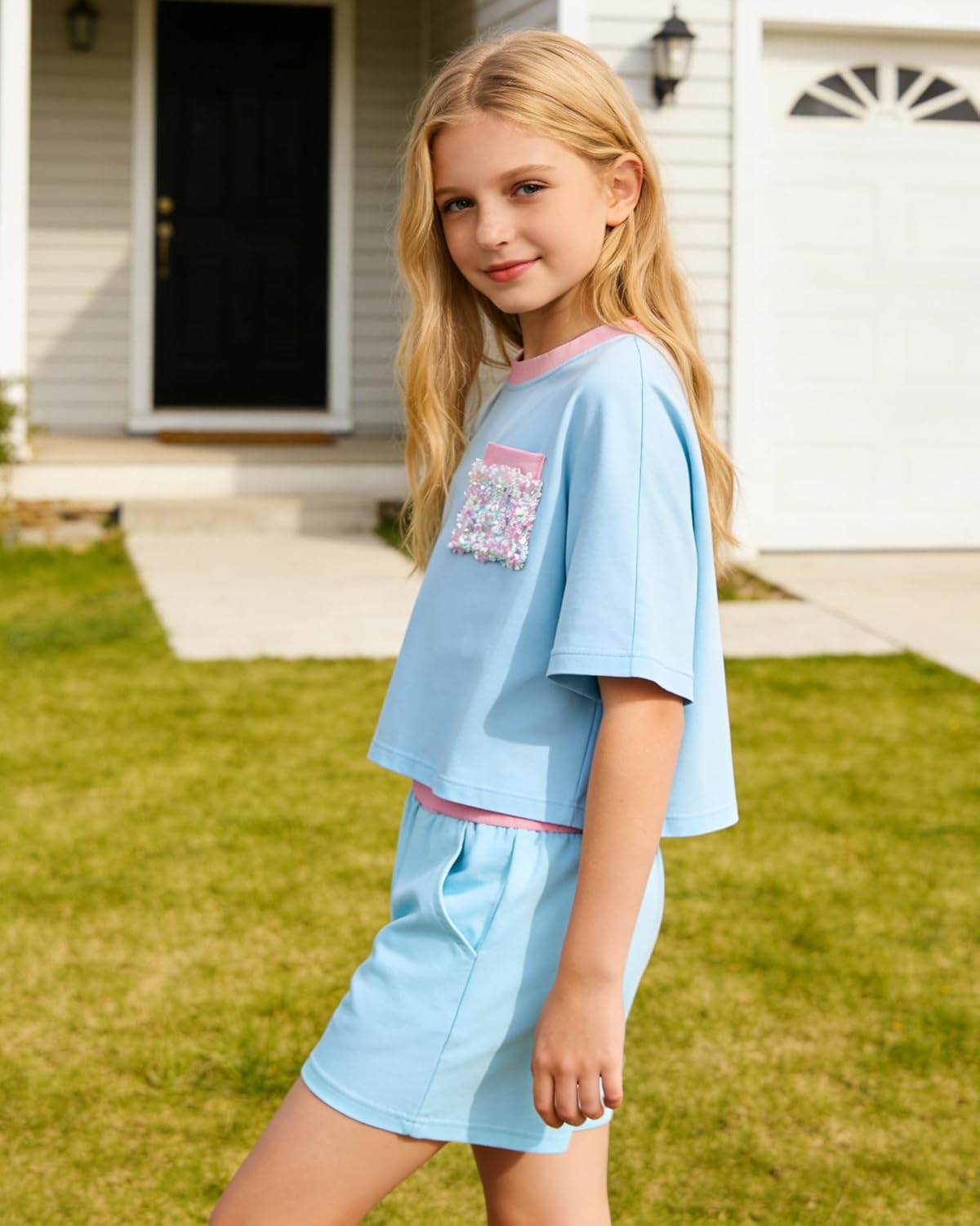 Girls' Summer Shorts Set 2 Piece Clothes Outfits Cute Drop Shoulder T-shirt & Short Set for 5-12 Years - Image 7