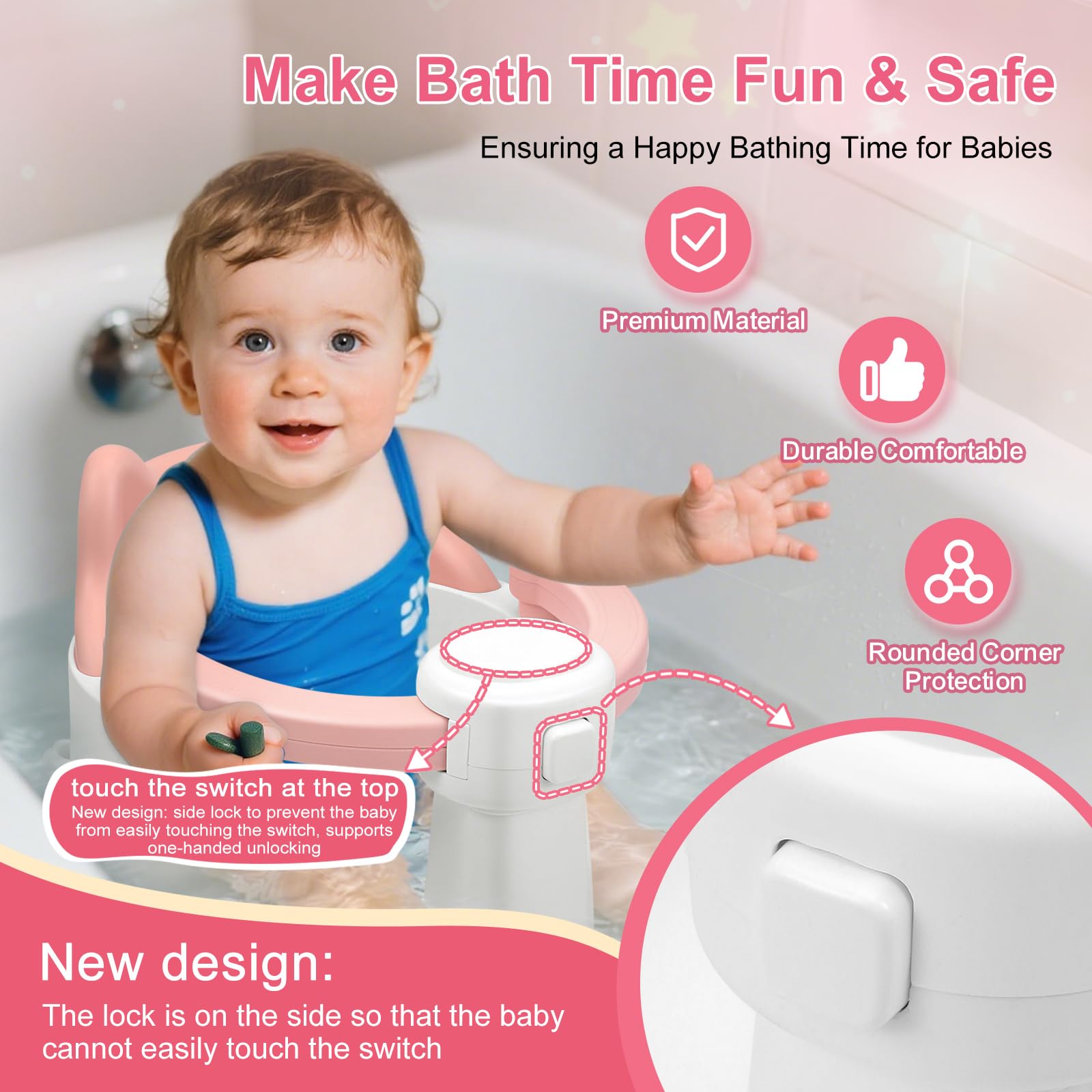 Seggiolino da Bagno Antiscivolo, Seggiolino Doccia Bimbo per Bambini dai 6 Mesi con 4 Ventose, Sedia Doccia Bambini, Regalo per il Bagnetto di Neonati e Neonati (Rosa)