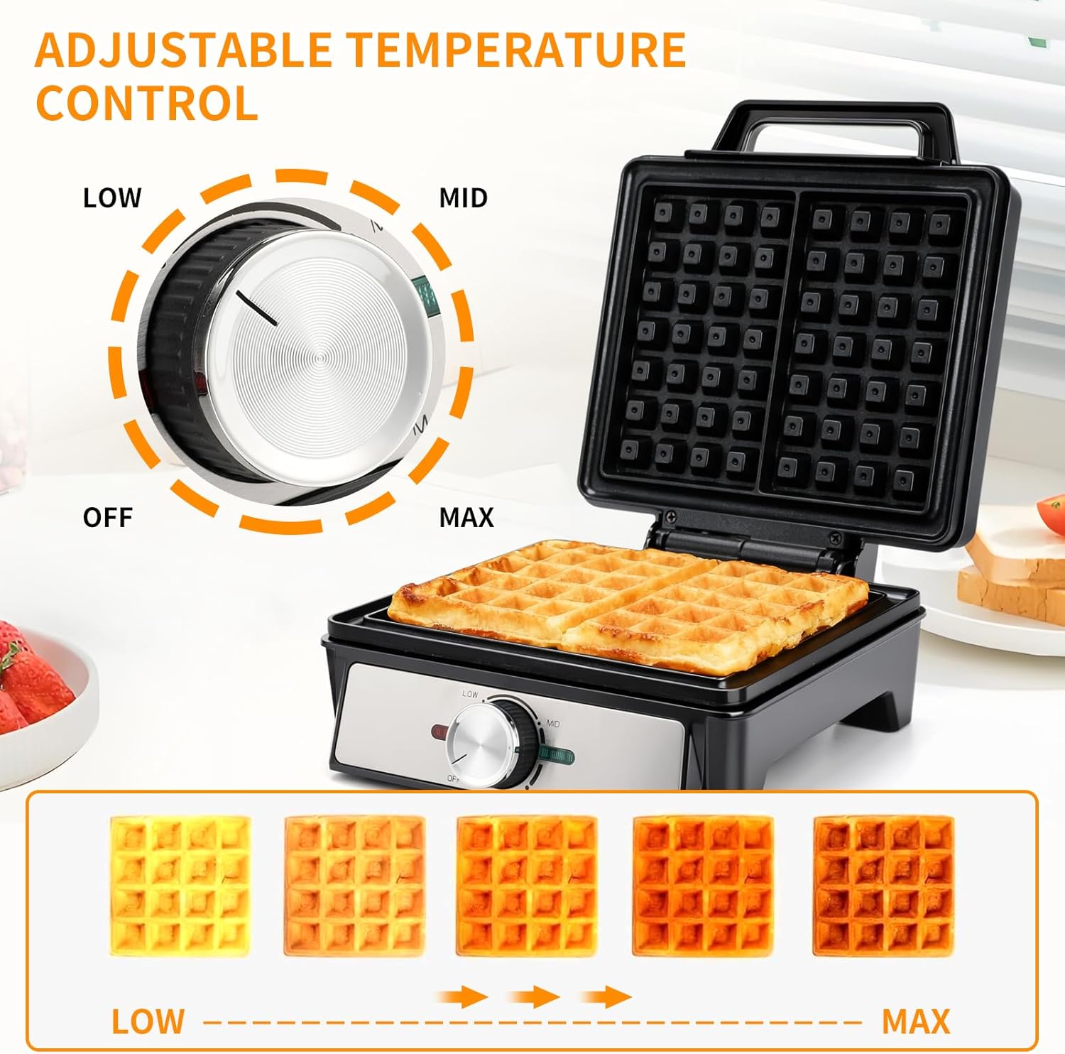 Belgian Waffle Maker 4 Slices, 1200W Waffle Iron, Double sided operation, not easy to stick to the bottom, Indicator light with knob