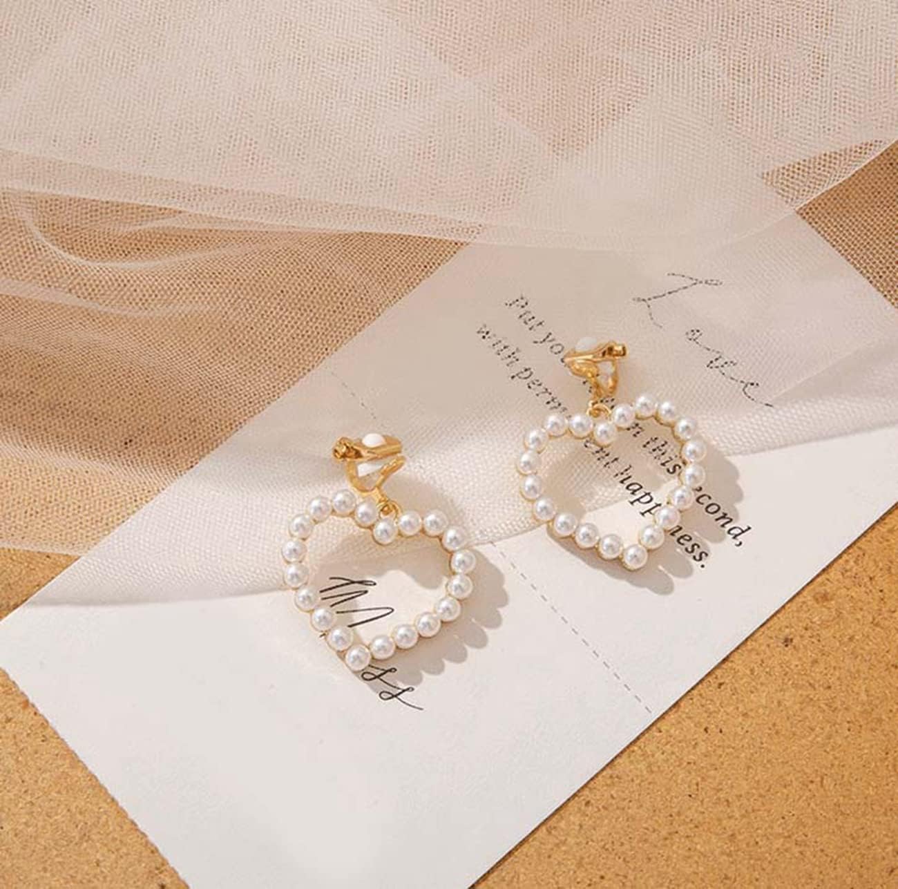 Pearl Clip on Earrings for Women Heart Drop Not Pierced Earrings - Image 5