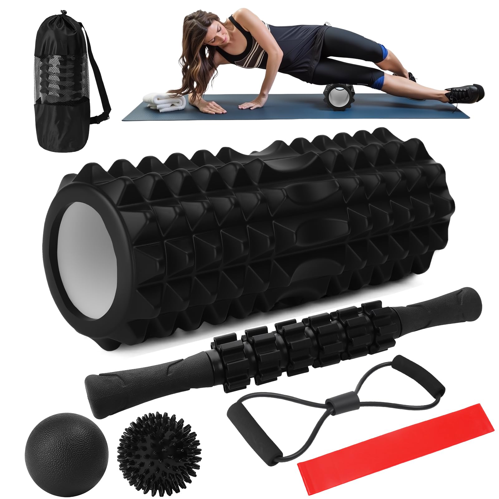 Rouleau de Massage,7 en 1 Foam Roller Kit,Rouleau de Massage Musculaire,Bâton de Rouleau de Massage,Boule de Fascia,Tendeur,Bandes de Résistance pour Massage Profond des Tissus Musculaires