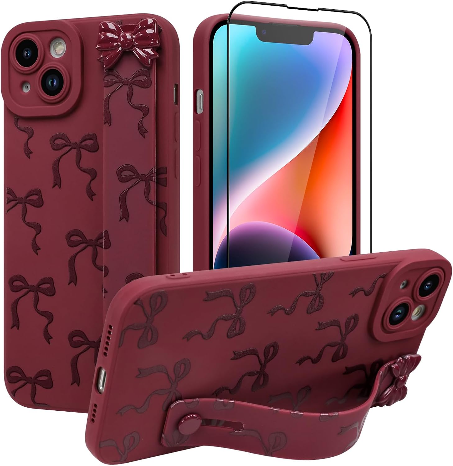 OOK Case for iPhone 14 Plus Case with Screen Protector, Cute Bow Design with Adjustable Wristband Strap Kickstand Slim Soft TPU Rubber for Women Girls Phone Cover-Wine Red - Image 2