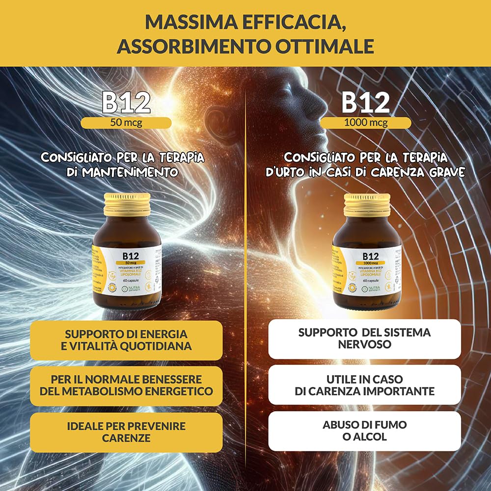 Vitamina B12 Liposomiale 1000 mcg | Metilcobalamina ad Alta Biodisponibilità | Integratore in Capsule | Vegano | Supporto Energetico e Nervoso | Flacone in Vetro 60 cps