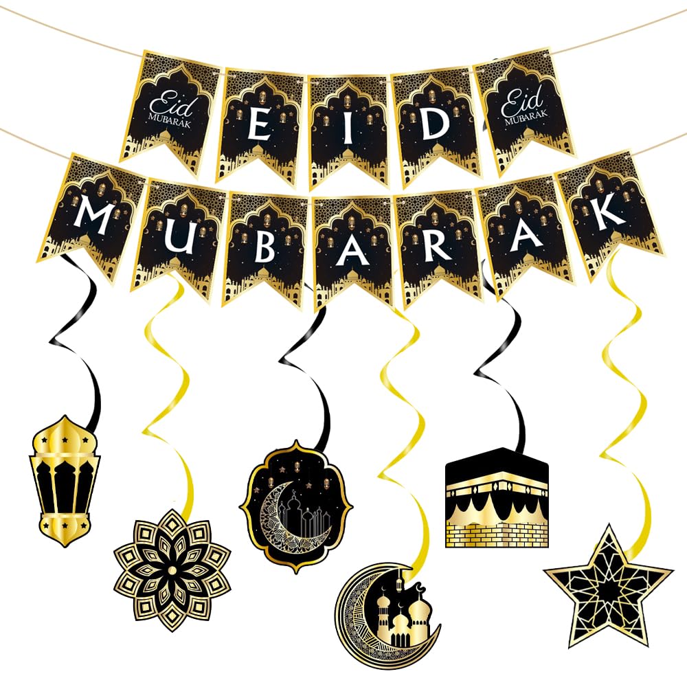 Eid Mubarak Banner with Islamic Hanging Swirls, Black Gold Eid Decorations, Ramadan Decorations, Eid Party Supplies for Eid al-Fitr Eid al-Adha Home Decor