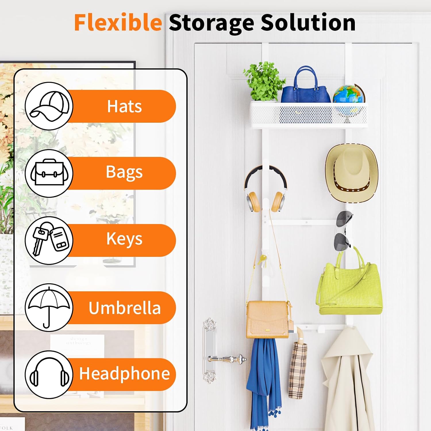 Kaiferty Over the Door Purse Organizer for Closet, Over the Door Hooks Wall Mounted Handbag Rack with 12 Hooks & Metal Basket, Holds up to 12 Bags, Use as 1 or 2 Pieces, for Door, Closet White