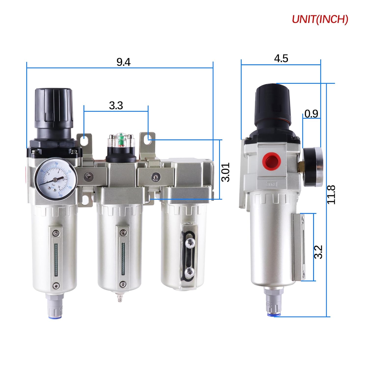 1/2 Inch NPT Industrial Grade Three Stage Air Drying System, Particulate Filter, Coalescing Filter, Desiccant Dryer and Air Regulator, 0-240 PSI, Auto Drain