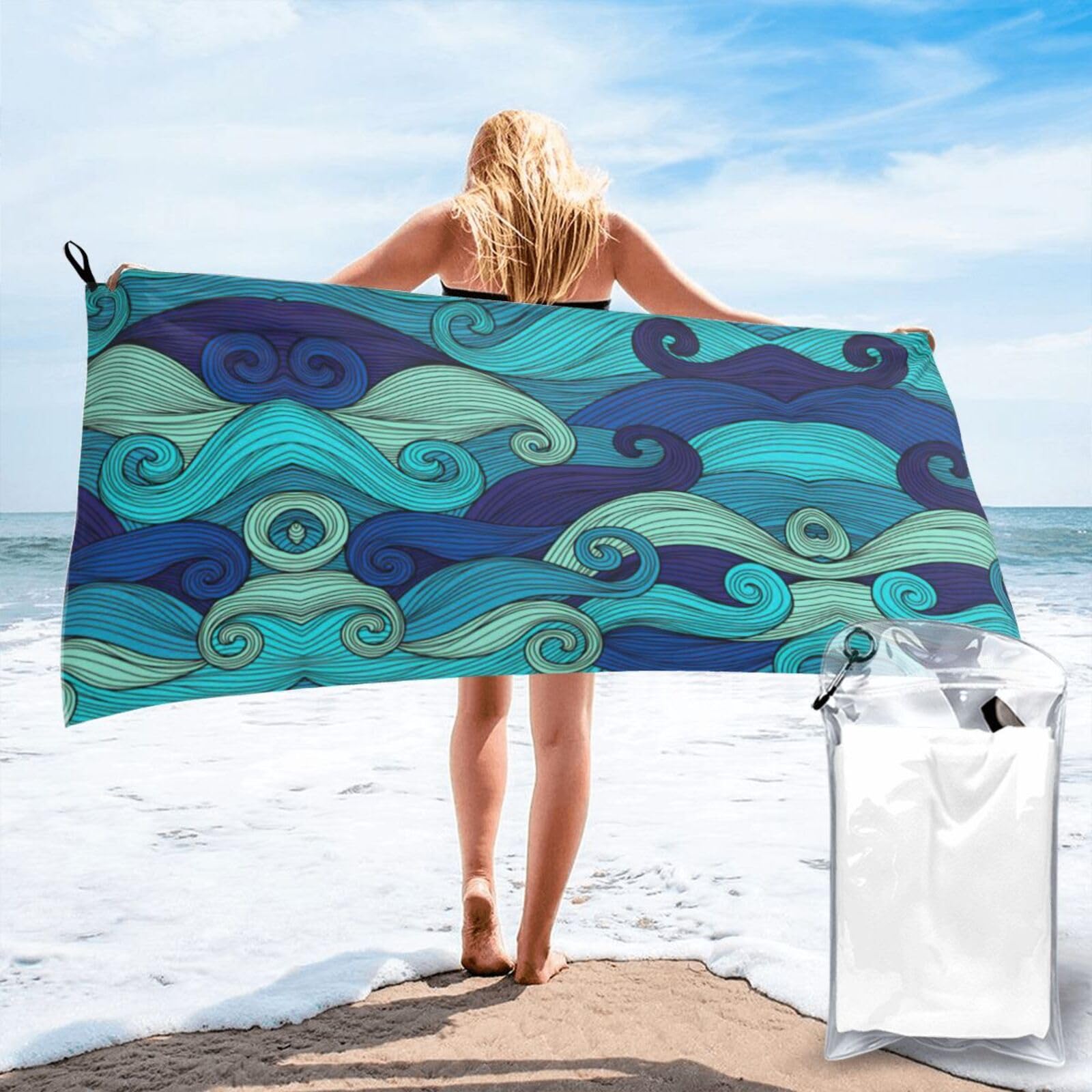 VCzsdff Ocean Wave Print Quick Dry Towel Compact Beach Shower Wrap For Camping Fitness