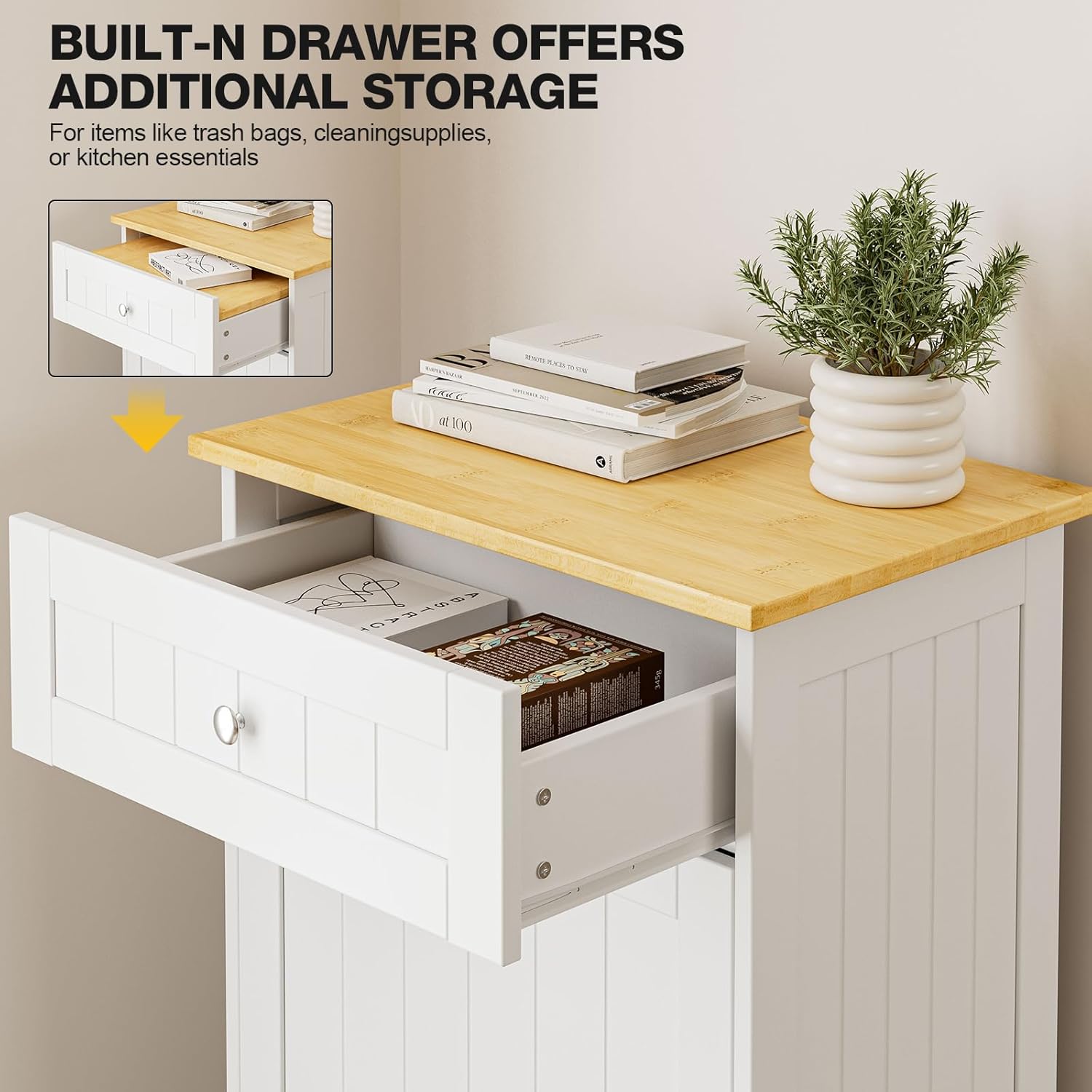 Built-in drawer offering additional storage in the trash cabinet