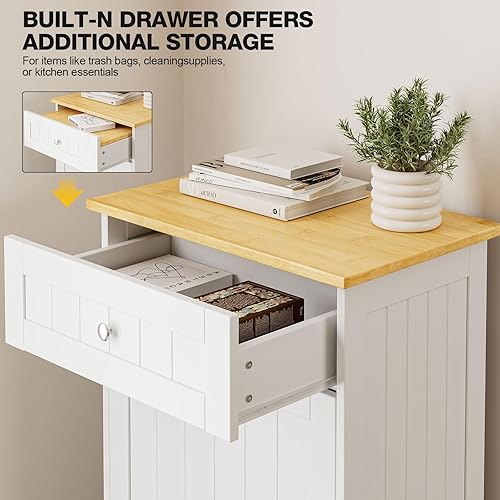 Miniatura 5 de GAZHOME Gabinete de basura inclinable de 10 galones, gabinete de basura de reciclaje de madera con cajón oculto (blanco)