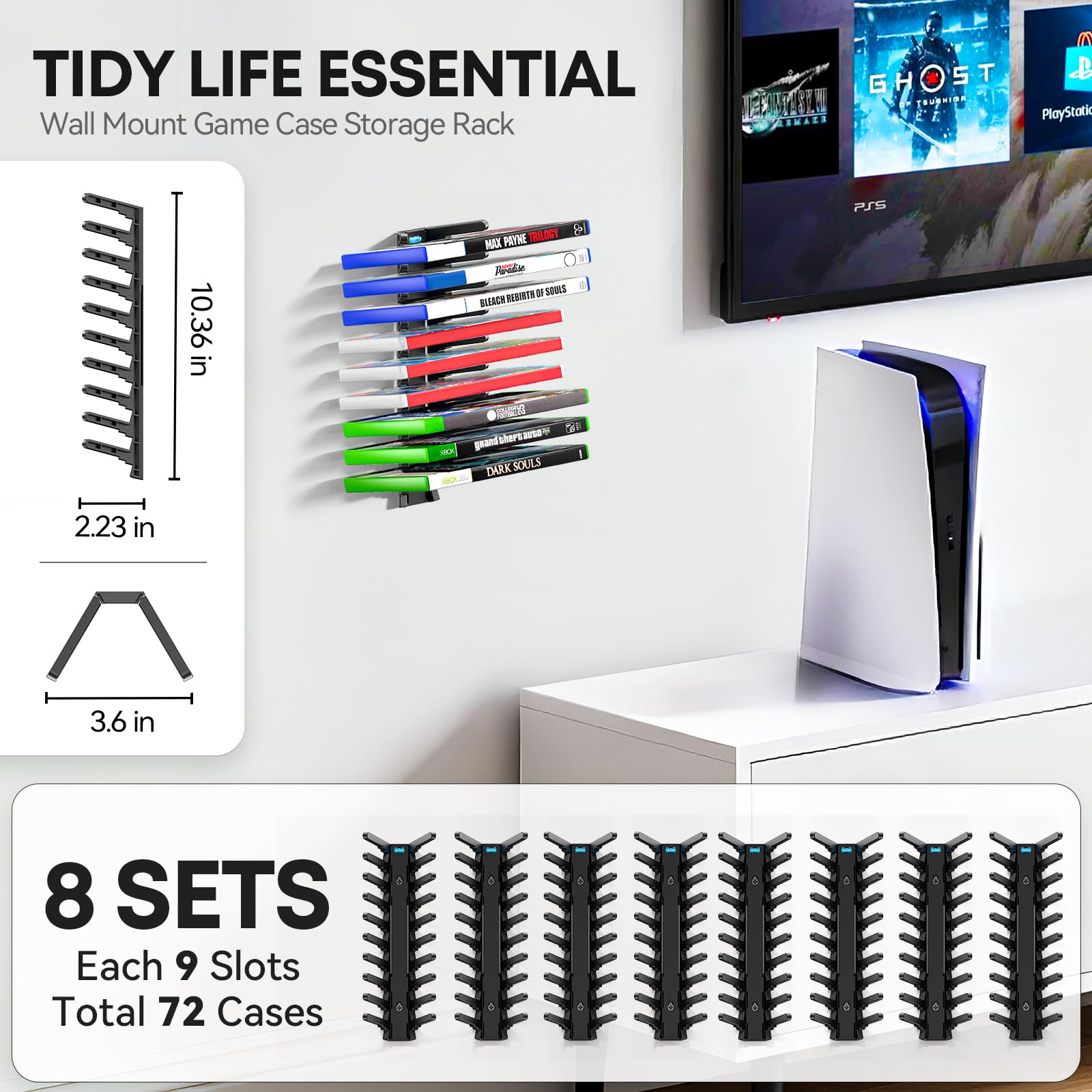 Support Mural de Rangement pour Boîtes de Jeux Vidéo, Rack à Jeux Universel pour Switch, Xbox 360/ Series X, Playstation 2/ 3/ 4/ 5, 3 Fentes Différentes pour Rangement Organisé et Stabilité Maximale