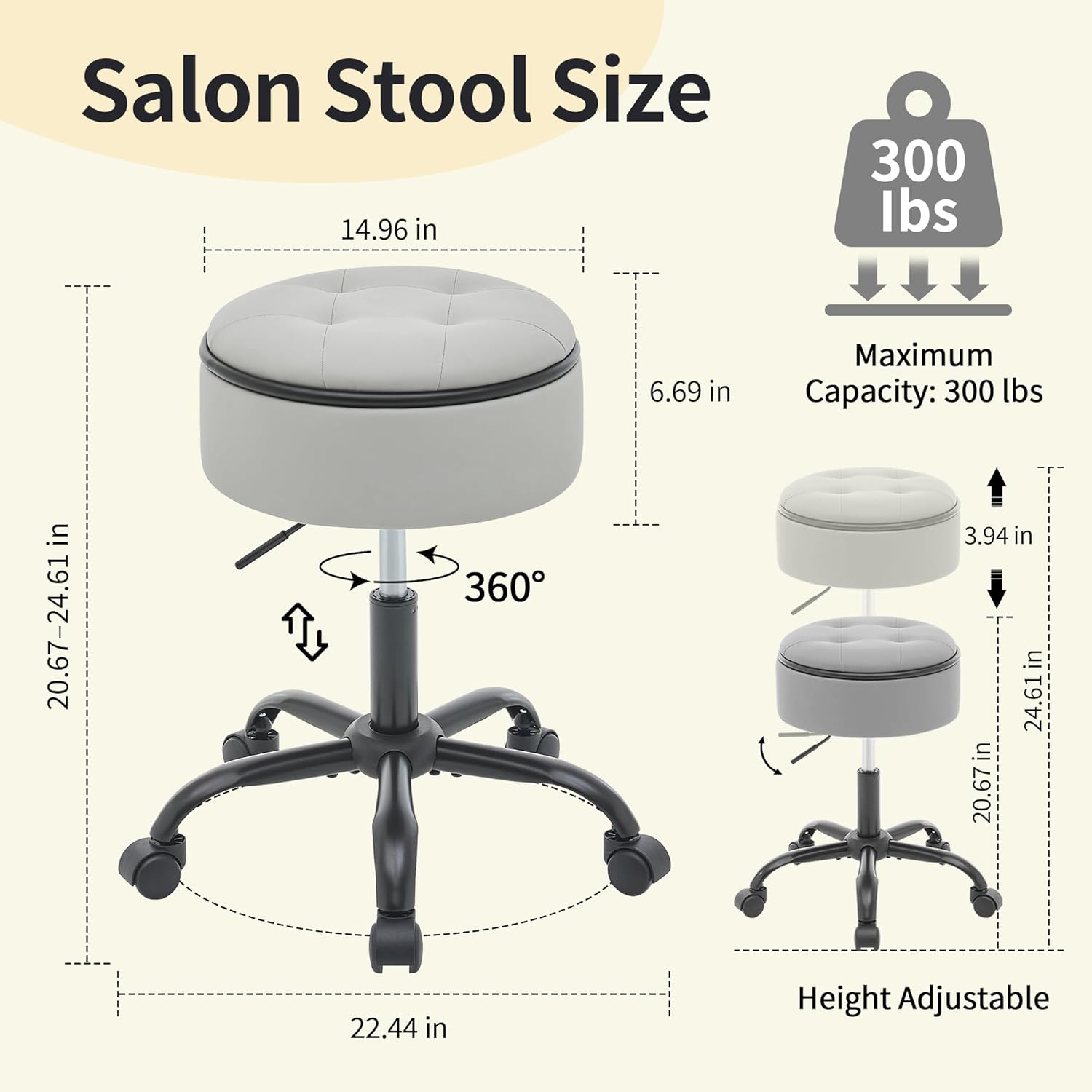 FIRAVOE Rolling Chair (Stool & Small Table in One) (Adjustable Height Leather Pedicure Chair 20.67"-24.61"), Gray Tattoo Stool with Storage