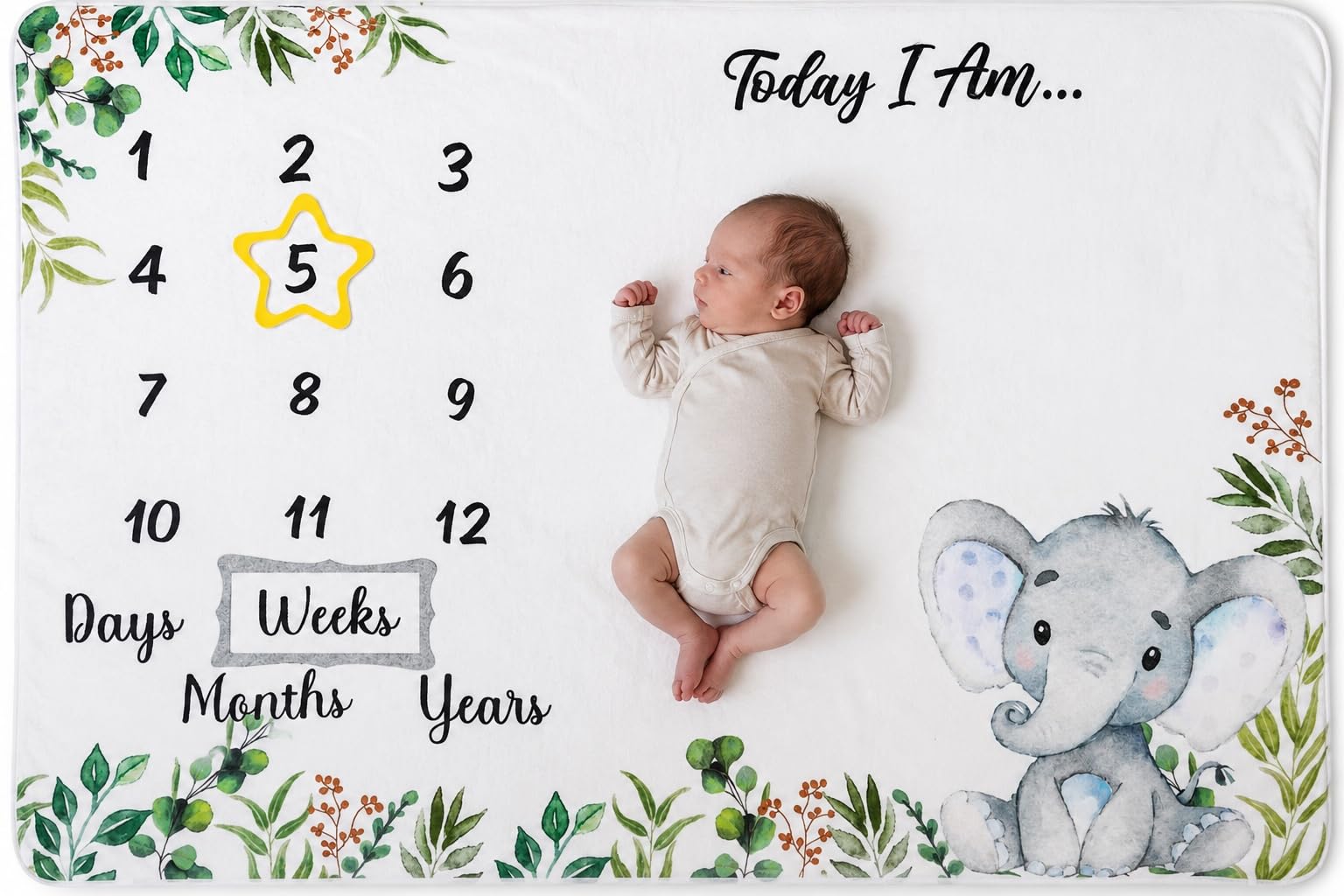 Manta de hito para bebé, 60 x 40 pulgadas, manta de mes de bebé para bebés unisex, calendario del primer año, tabla de crecimiento mensual, elefante gris claro