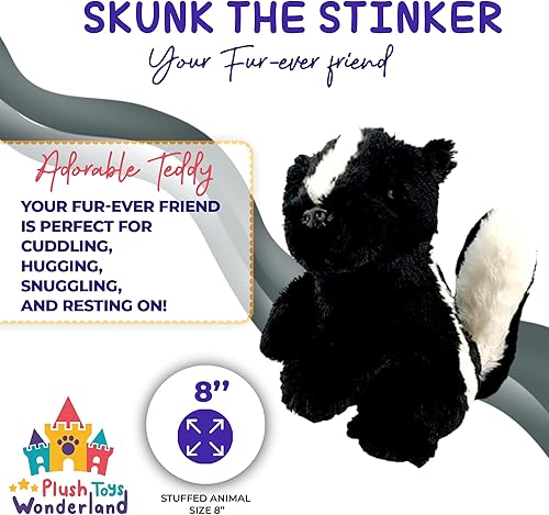 Stinker The Skunk - Animal de peluche suave de 8 pulgadas, color blanco y negro, juguete de peluche para niños pequeños, niños y niñas, peluche de