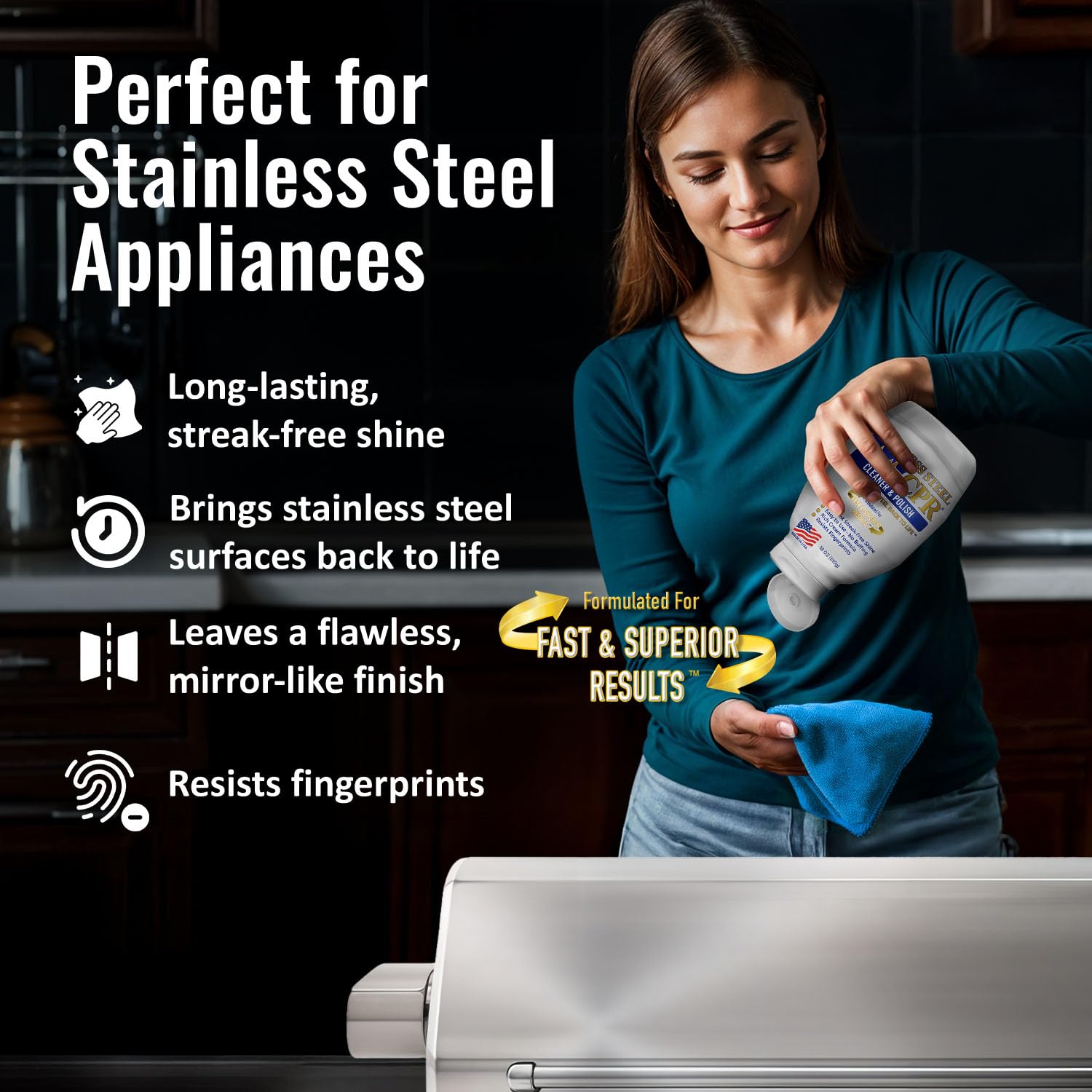 Stainless Steel CPR Detergente e lucidatura per cucina 2 in 1, 510 g | Rimuove impronte digitali, macchie d'acqua e grasso, per frigoriferi, stufe e lavastoviglie