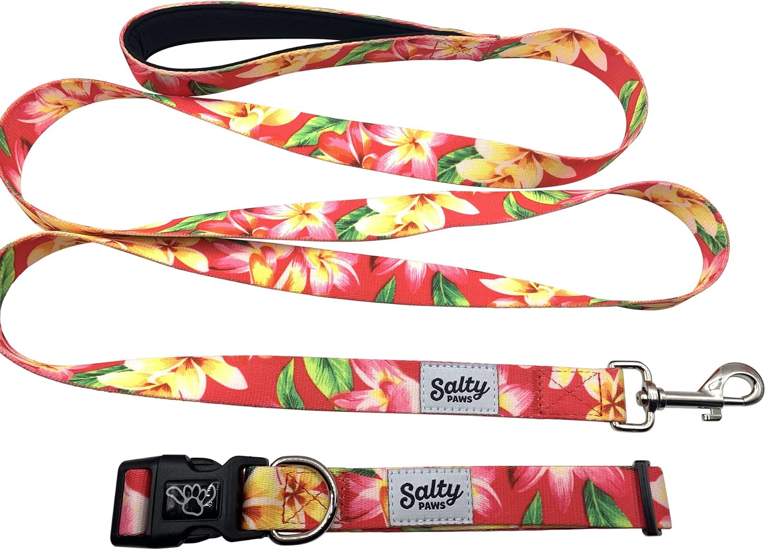 Shaka's Salty Paws Premium Matching Dog Collar & Dog Leash Combo Set. Cute Pink Floral Hawaiian Print Size Medium Dogs 25-50 lbs. Soft Neoprene Padded Handle Ships Fast from USA