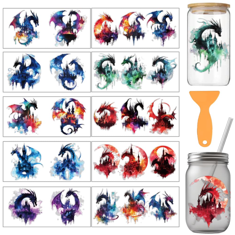 arricraft 10 Pcs Colorful Dragon Theme Cup Printing UV Transfer Papers