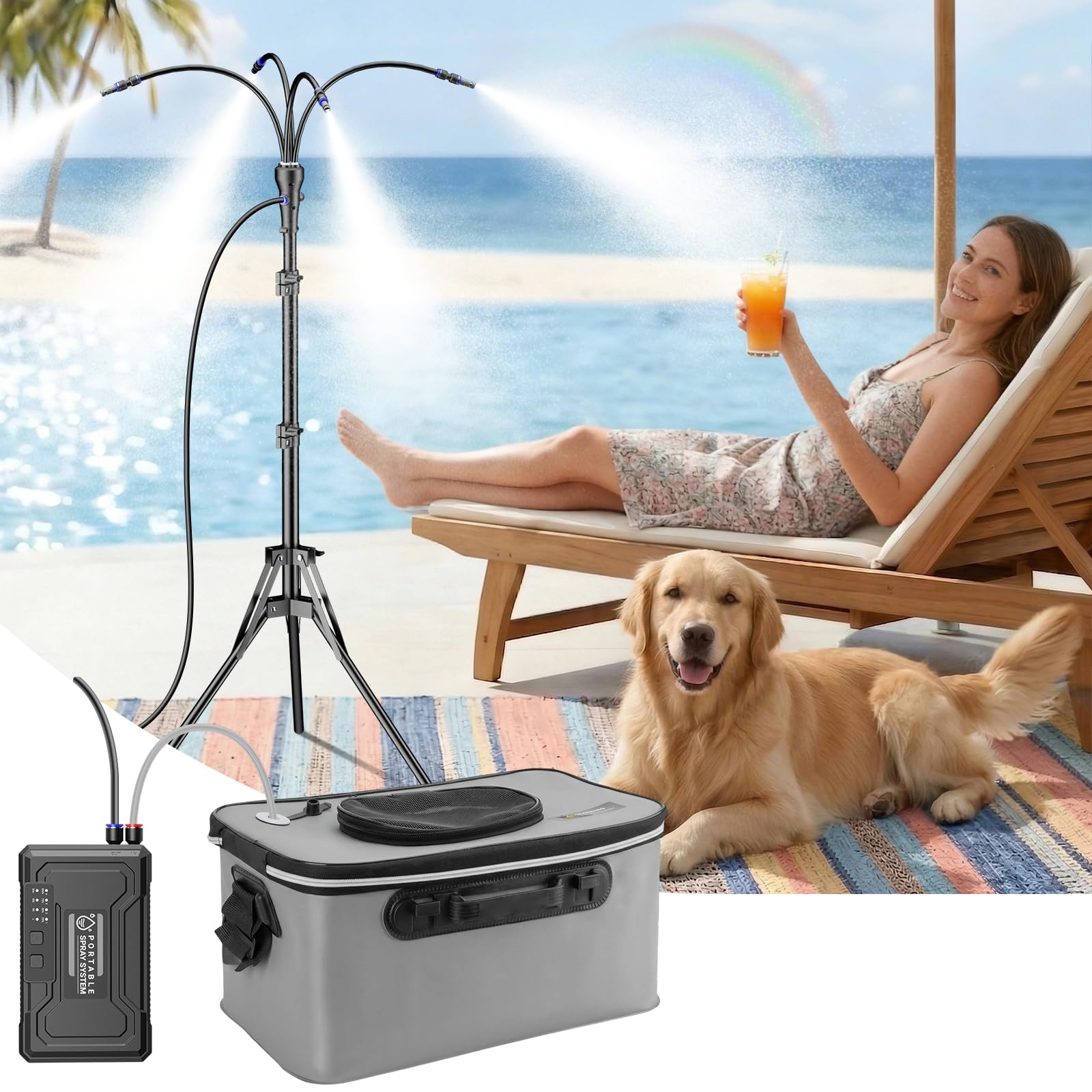 Système de brumisation portable avec seau de 15 L, brumisateur sur pied alimenté par batterie 10 000 mAh pour terrasse extérieure, hauteur réglable 1,28 m, ensemble de refroidissement par eau sans fil