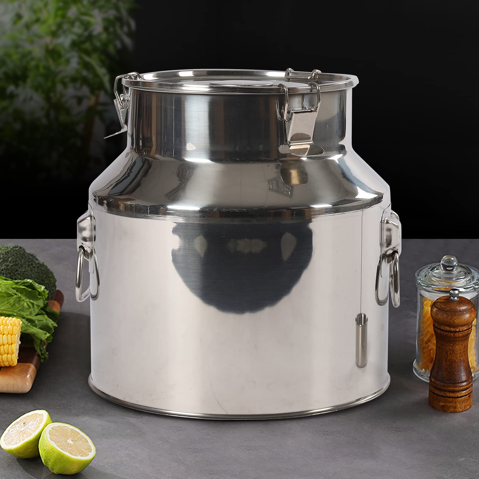 Secchio per alimenti da 22 l, con misurino per vino, coperchio e morsetto di bloccaggio, contenitore ermetico in acciaio inox, per la conservazione di cereali, riso, olio da cucina o latte