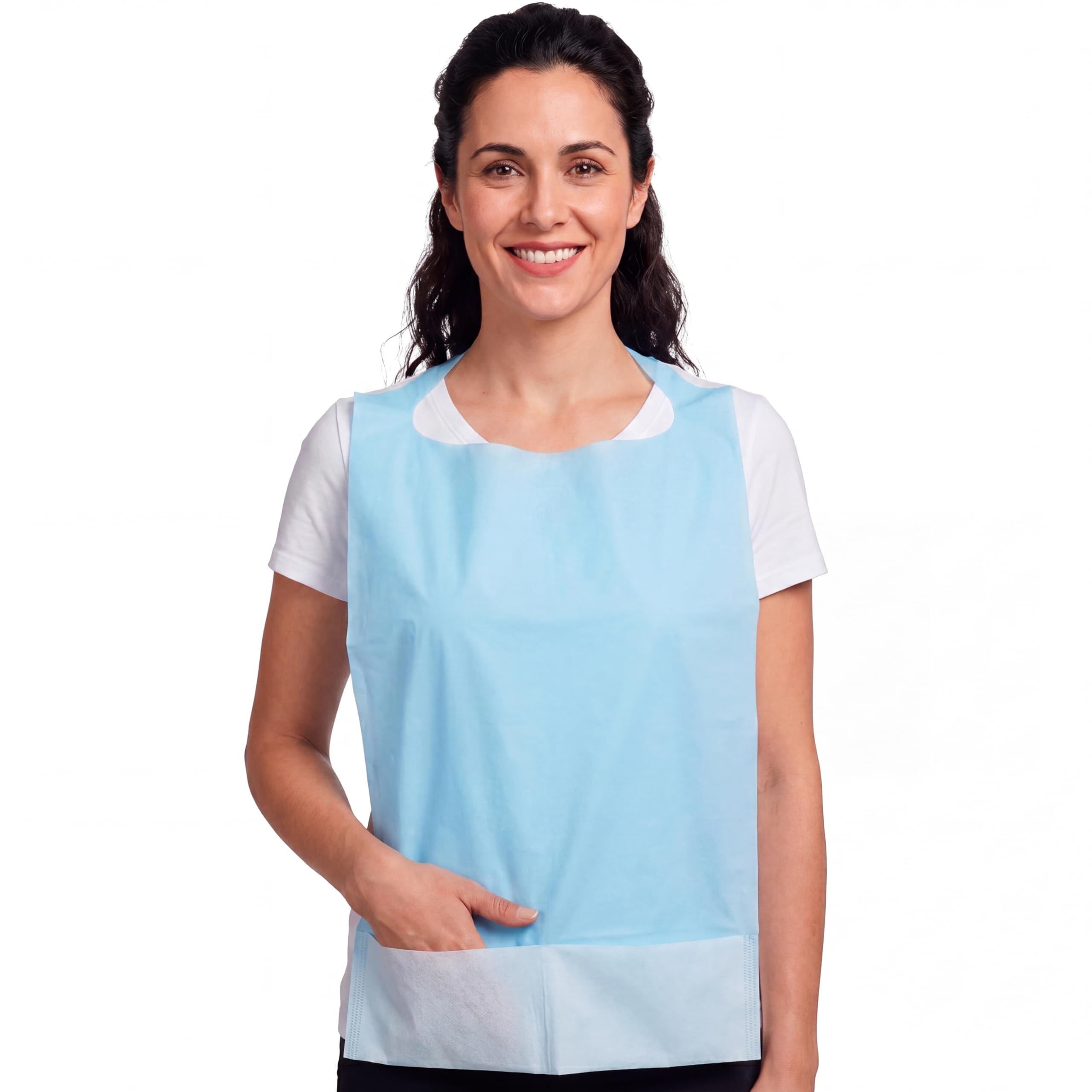 KMINA Bavoirs Jetables Bleus pour Adulte (100 Unités) 37 x 55 cm avec Poche Col Ouvert avec Liens Imperméables et Absorbants Taille Unique Sans Latex