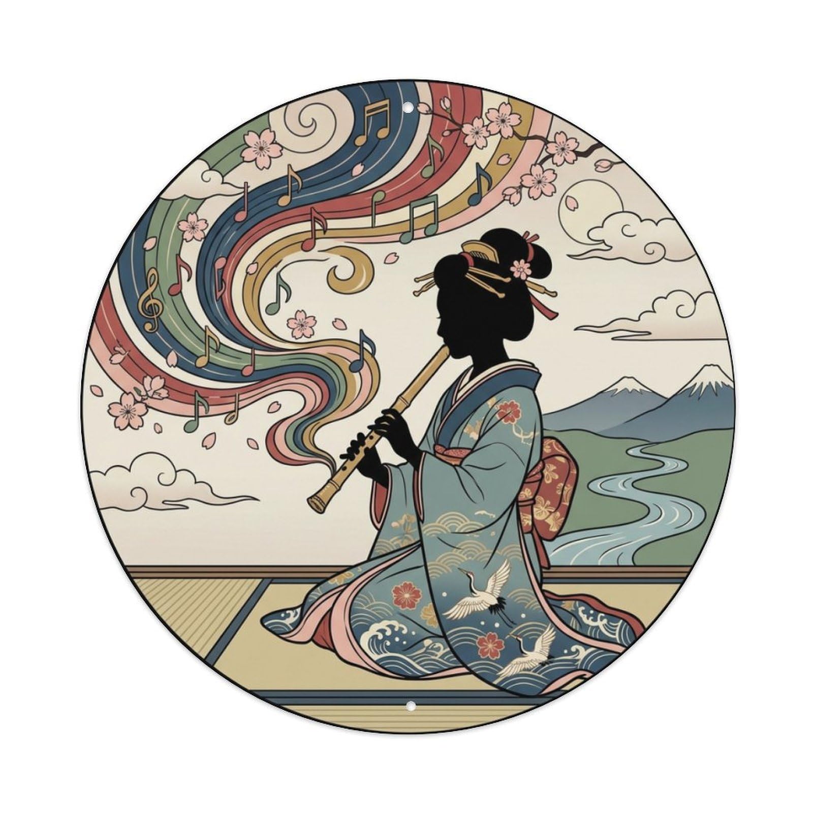 Galvaxio Style Japanese Kimono Woman Bamboo Flute Melody Harmony Metal Tin Sign