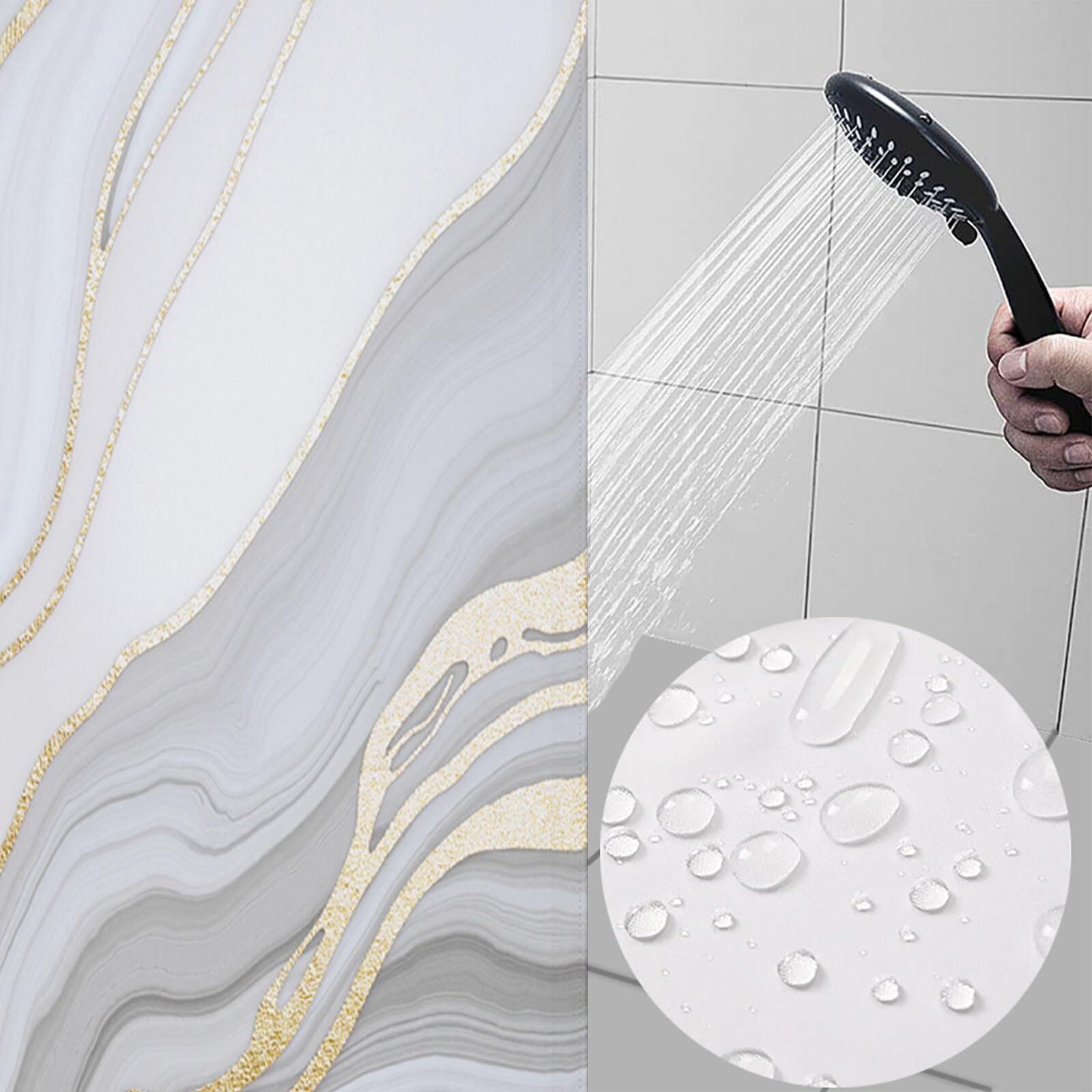 Rideau De Douche Marbre Texturé Luxe Abstrait Tissu Imperméable Lavable avec Crochets Anti Moisissure en Polyester Rideau Douche pour Salle De Bain