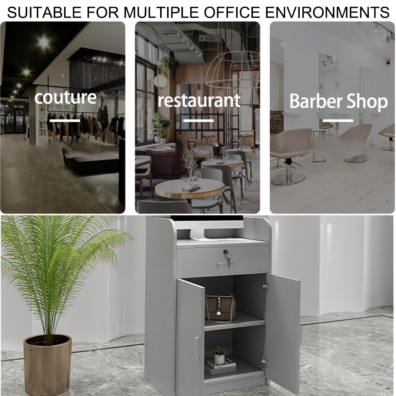 Banco reception con cassetti, scrivania reception moderna, scrivania ufficio, banco vendita, mobili ufficio, per salone, lobby, cassa (Grigio, 60X40X95cm)