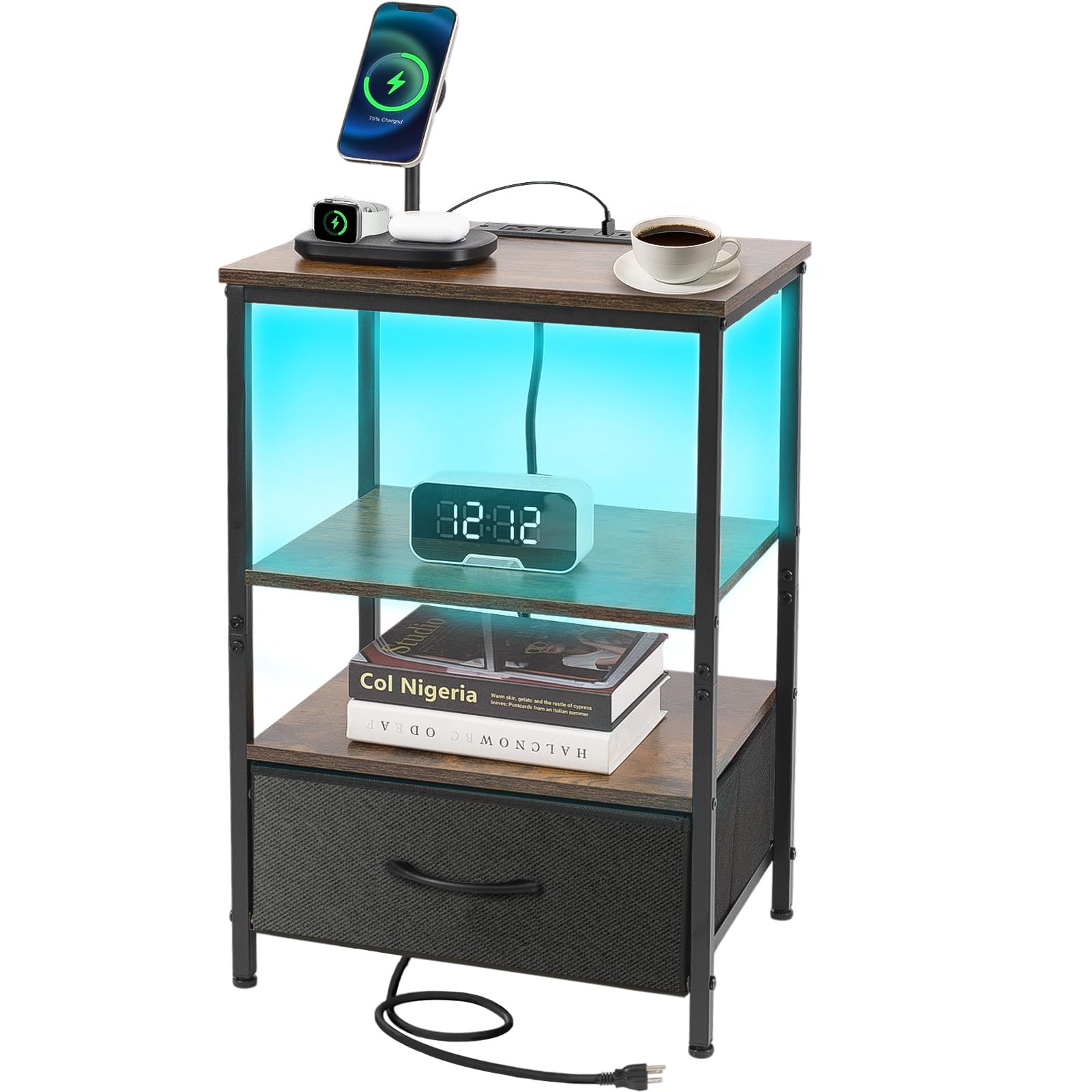 Table d'appoint avec lumières LED et ports de charge USB pour le lit