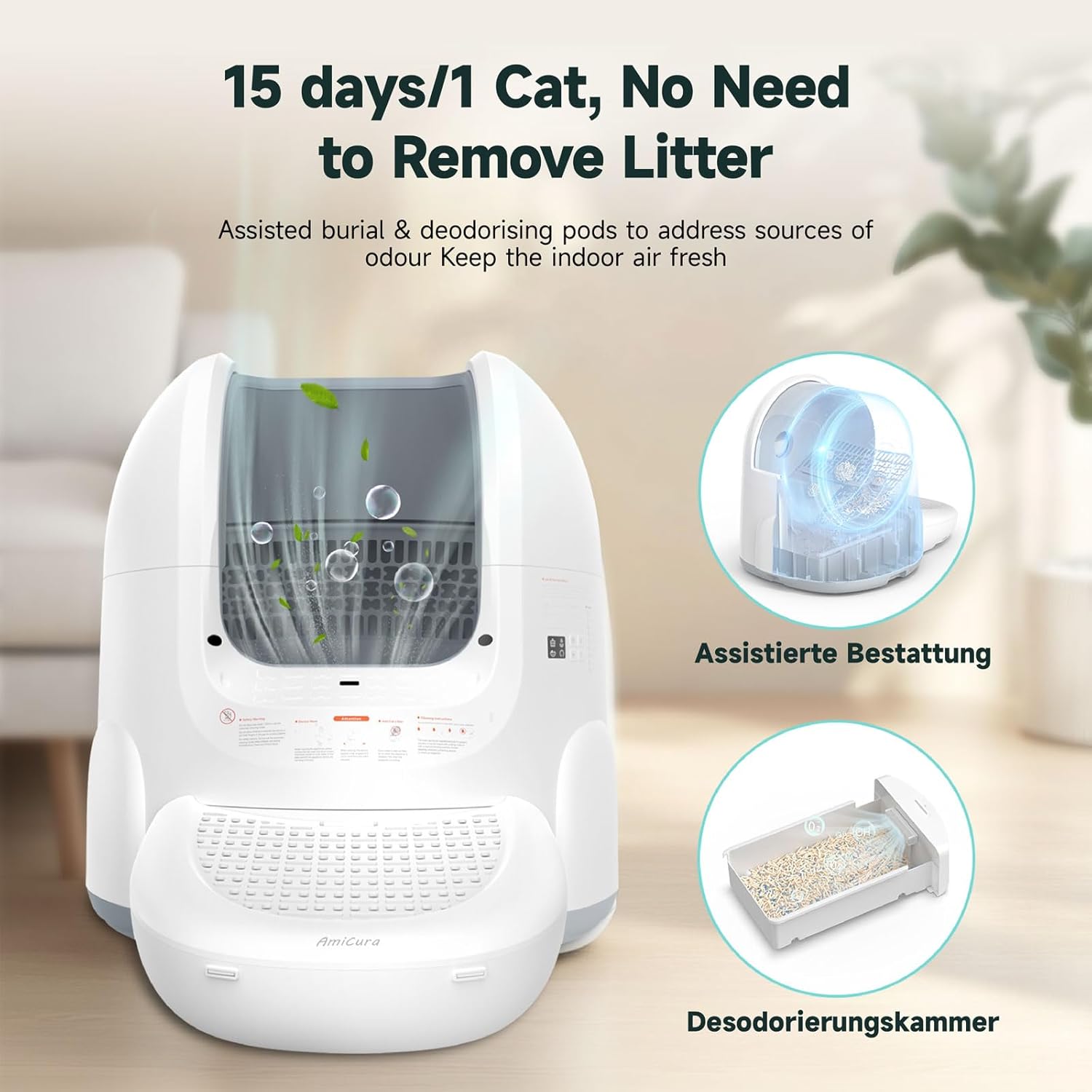 Diagram illustrating the 360-degree infrared sensor coverage of the Amicura Cura 2 litter box, highlighting its safety features compared to other models.