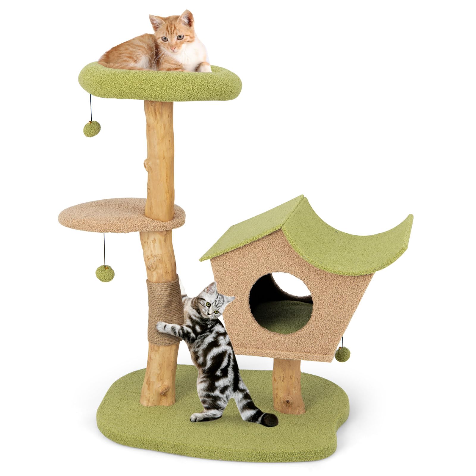 Tangkula Cat Tree, Solid Wood Tower With Jute Scratching Post, Condo, Perch, Jingling Ball, Multi-Layer Activity Center for Indoor Cats