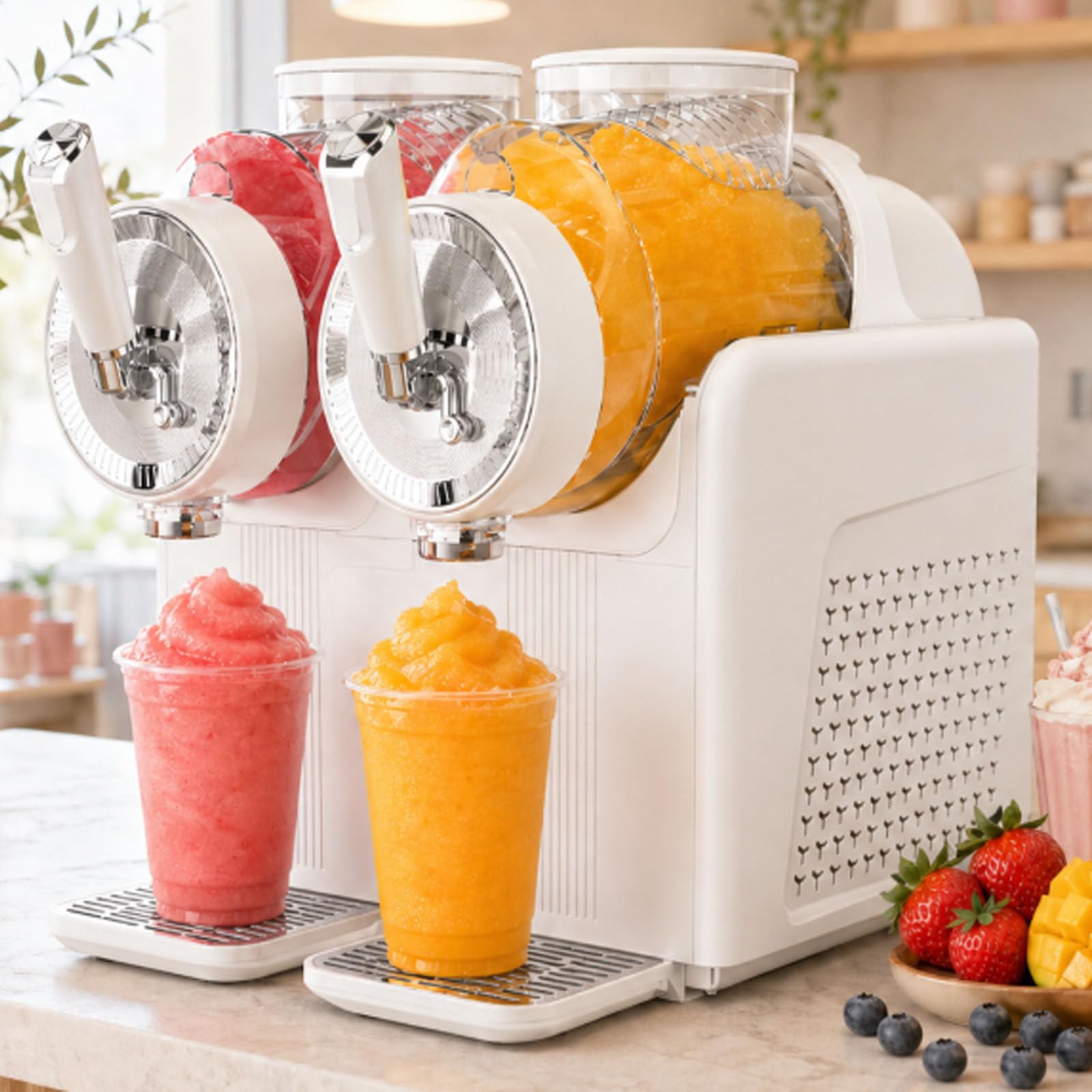 DECAKE Automatic Slushy Maker, 7-In-1 Slushie Machine,2 * 2l Tanks Soft Ice Cream Machine,Automatic Cleaning,Kid Lock,Countertop Cold Drink Maker For Milkshakes, Smoothies, White
