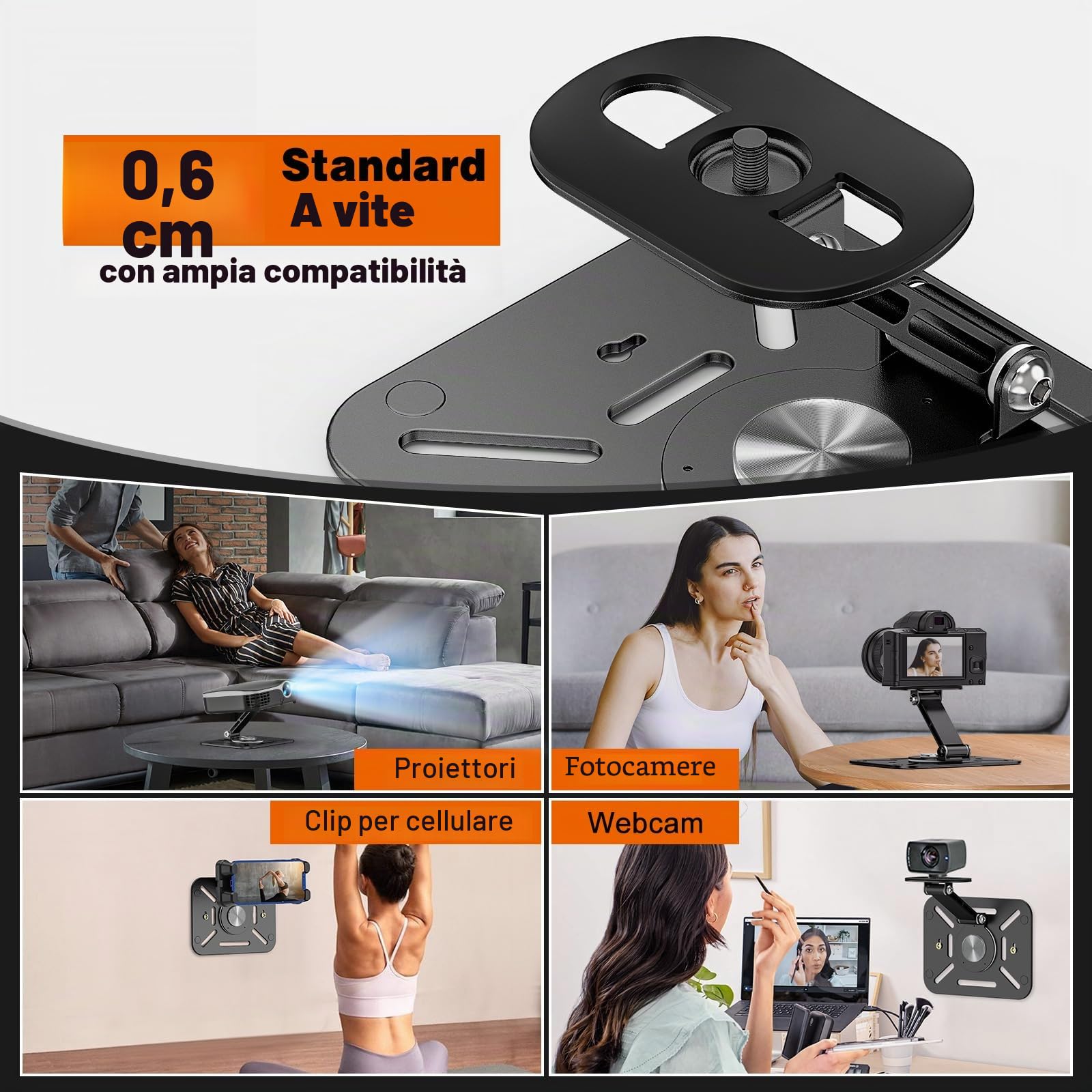 Supporto per Proiettore da Tavolo, Parete e Soffitto con Rotazione a 360°, Staffa per Proiettore in Metallo con Vite da 1/4" per Home Cinema, Sala Giochi, Ufficio (Nero)