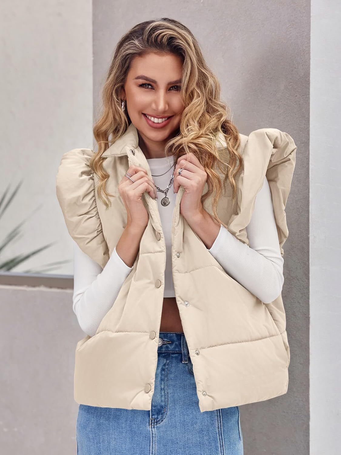 Tankaneo Womens Puffer Vest Ruffle Sleeveless Button Down Winter Warm Padded Gilet Coats - Image 2