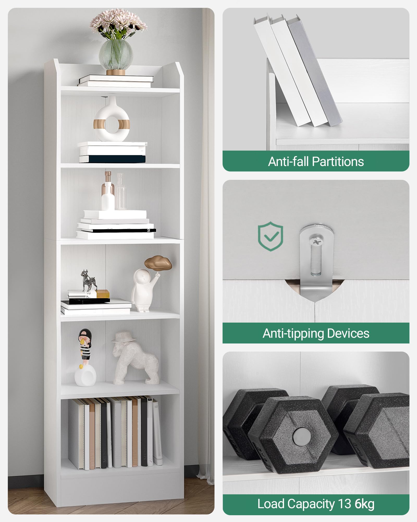 Hzuaneri Bücherregal, 6-stöckiges Standregale, Aufbewahrungsregal, Regal für Sammlerstücke, Verstellbare Paneele, für Wohnzimmer, Büro, 24 x 48 x 169,5 cm, Weiß 02903XBC