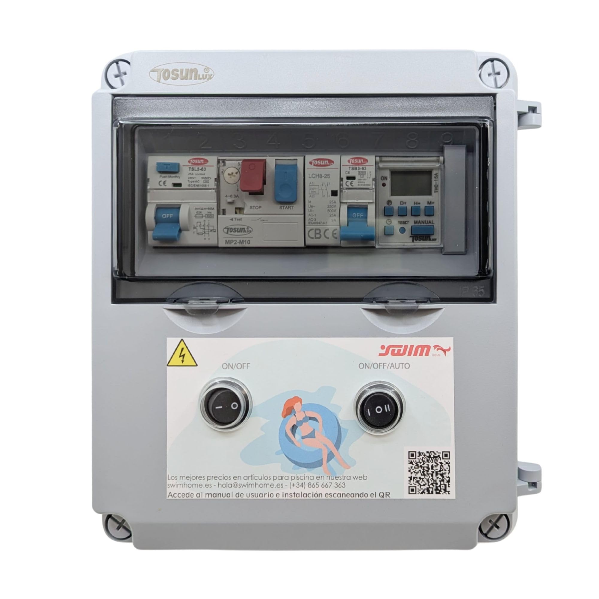 Tosun Cuadro Eléctrico Piscina, Transformador 60W 12V DC, Control WiFi y Reloj, para Bomba 0,5 CV, Gris