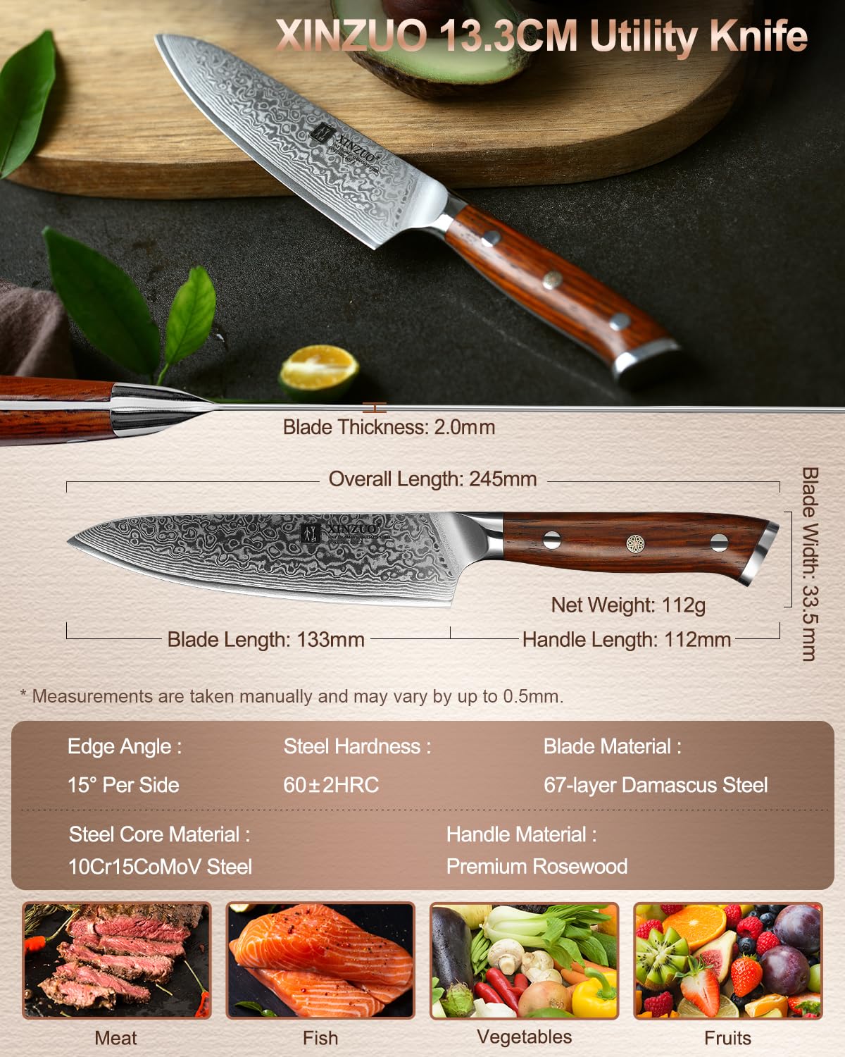 XIZNUO 13,3cm Allzweckmesser Damaststahl Universalmesser, Damaskus 10Cr15CoMoV Stahlkern Obstmesser Scharfe Schälmesser, Multifunktions Profi Küchen Chefmesser-mit Rosenholz Griff
