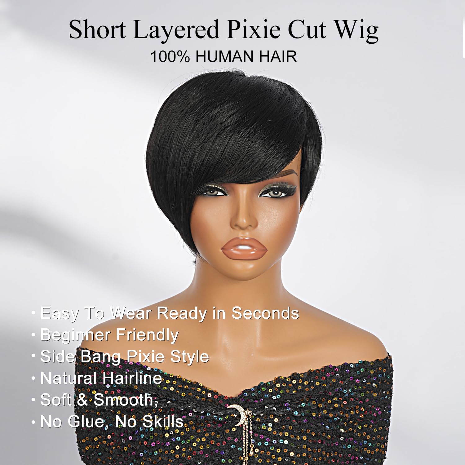 SUPERNOVA Pixie Cut Wig Human Hair Natural Black Color Glueless Full Machine Made Wig Short Pixie Wigs For Black Women Layered Brazilian Straight Wigs Human Hair With Bangs For Daily Use 6 Inch