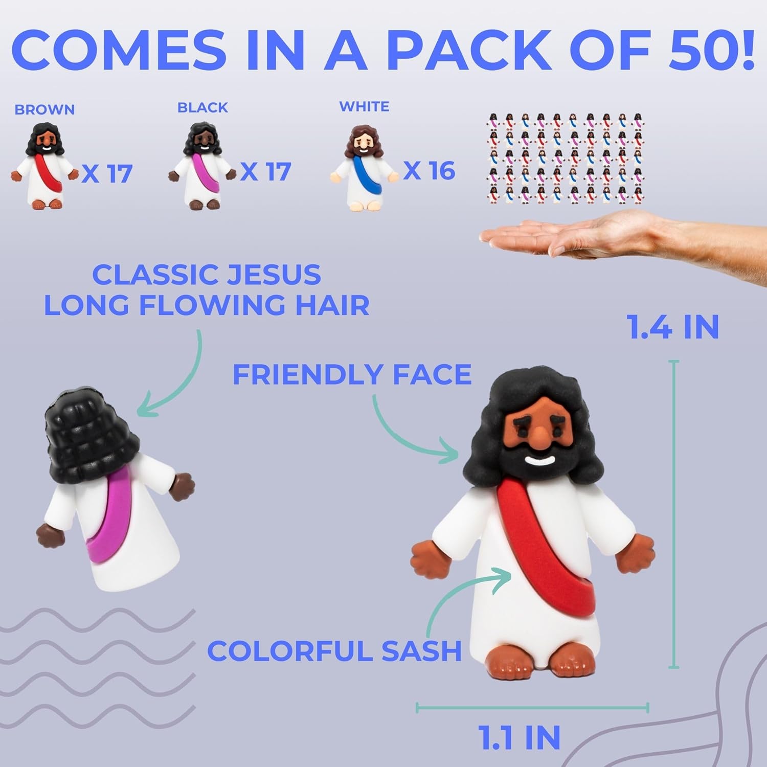 Mini Jesus Figures 50 Pcs-Tiny Jesus Bulk-Little Christ Figurines for Easter Egg Stuffers, Religious Party Favors and Gifts, Sunday School, Classroom Crafts, Baptism, Confirmation (Multicolor Jesus)